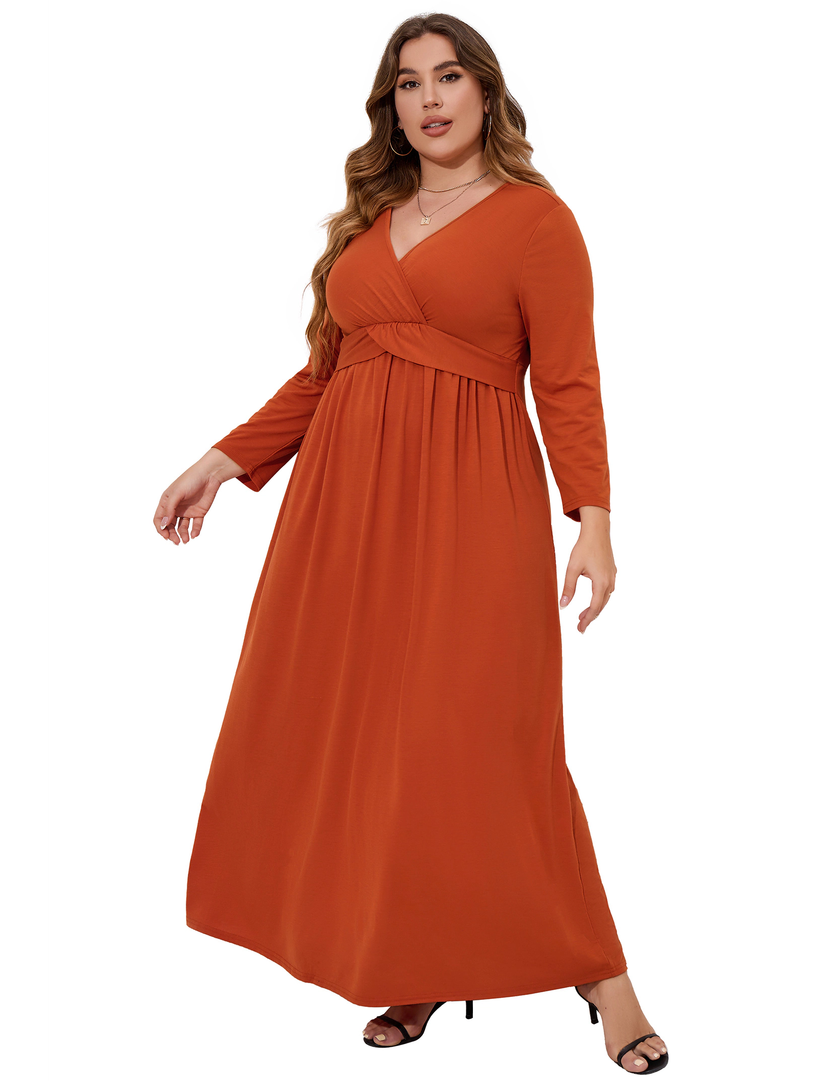 KOJOOIN Women's Plus Faux Wrap Maxi Dress Surplice V Neck Long Sleeve Empire Waist