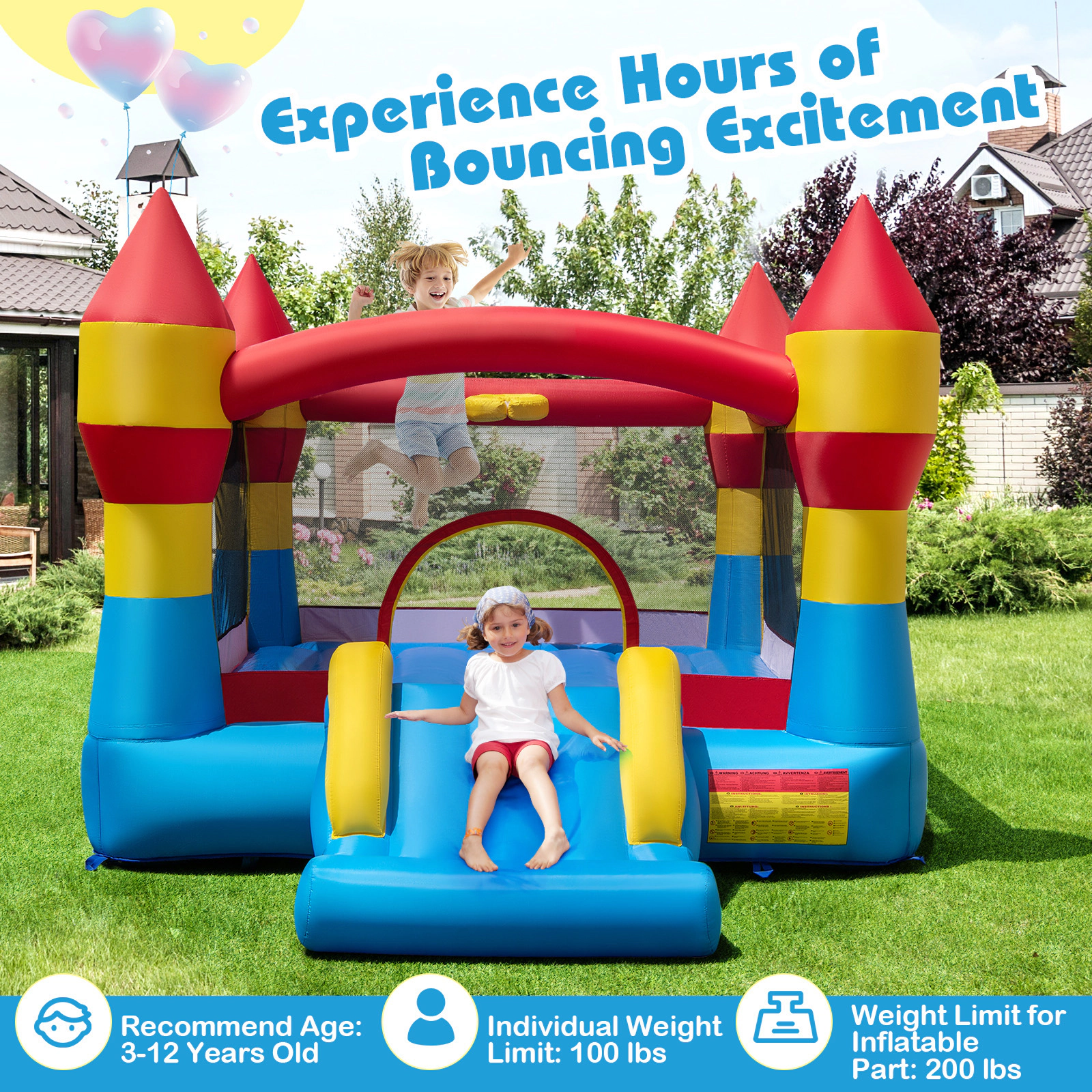 3-in-1 Kids Inflatable Bouncer with Slide Basketball Hoop Crawl-Thru Door and 480W Blower for Yard 200-lb Capacity