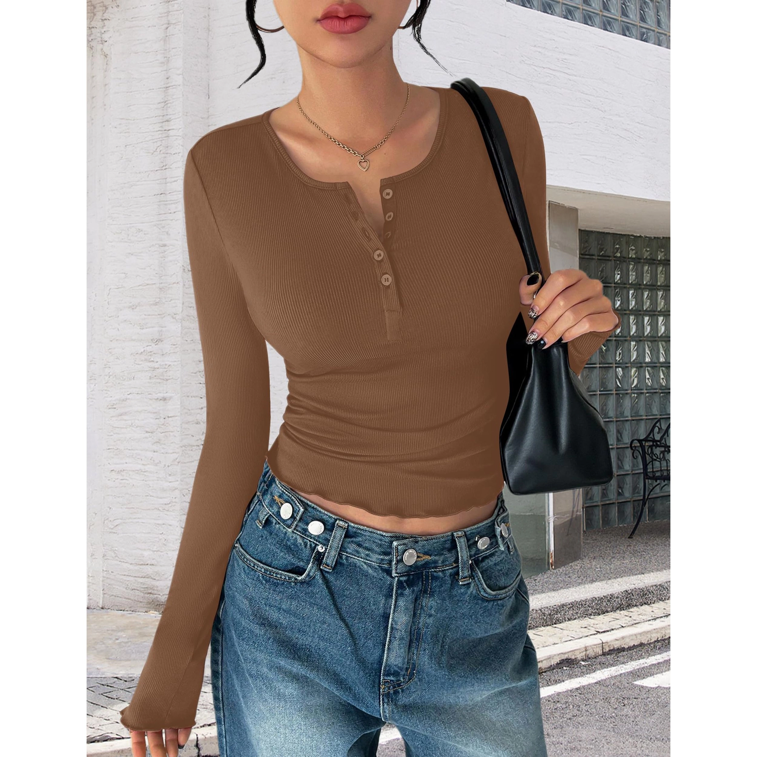 Ekouaer Women's Henley Neck Long Sleeve Ribbed Knit Slim Fit T-Shirt