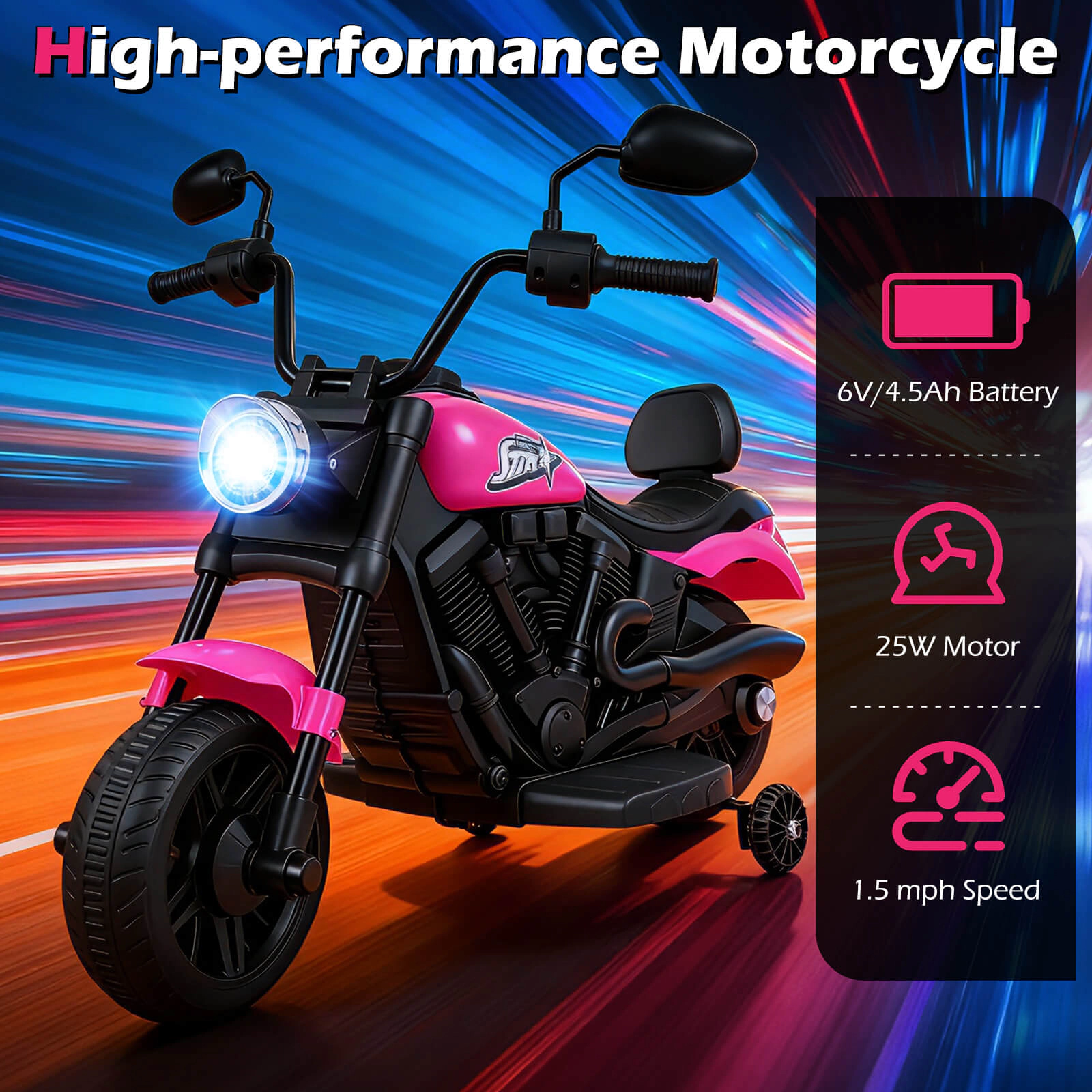 6V Kids Motorcycle Trike Swiveling Front Detachable Training Wheels Backrest Seat and Bright Headlight 18 Months+ Pink