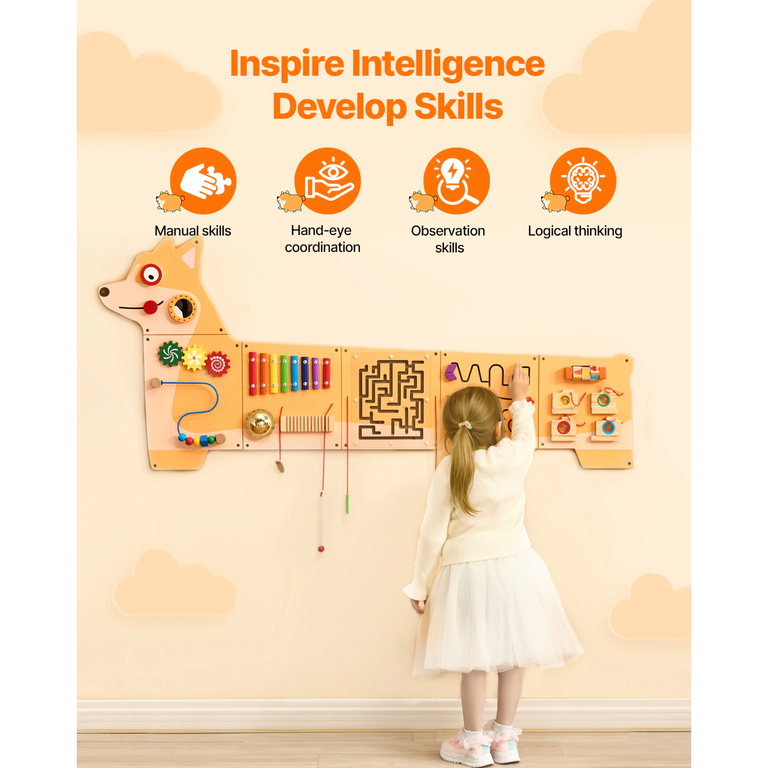 HONGGE Puppy Wall Busy Board with 12 Activities, Wide Montessori Sensory Panel for Kids Ages 3 to 12