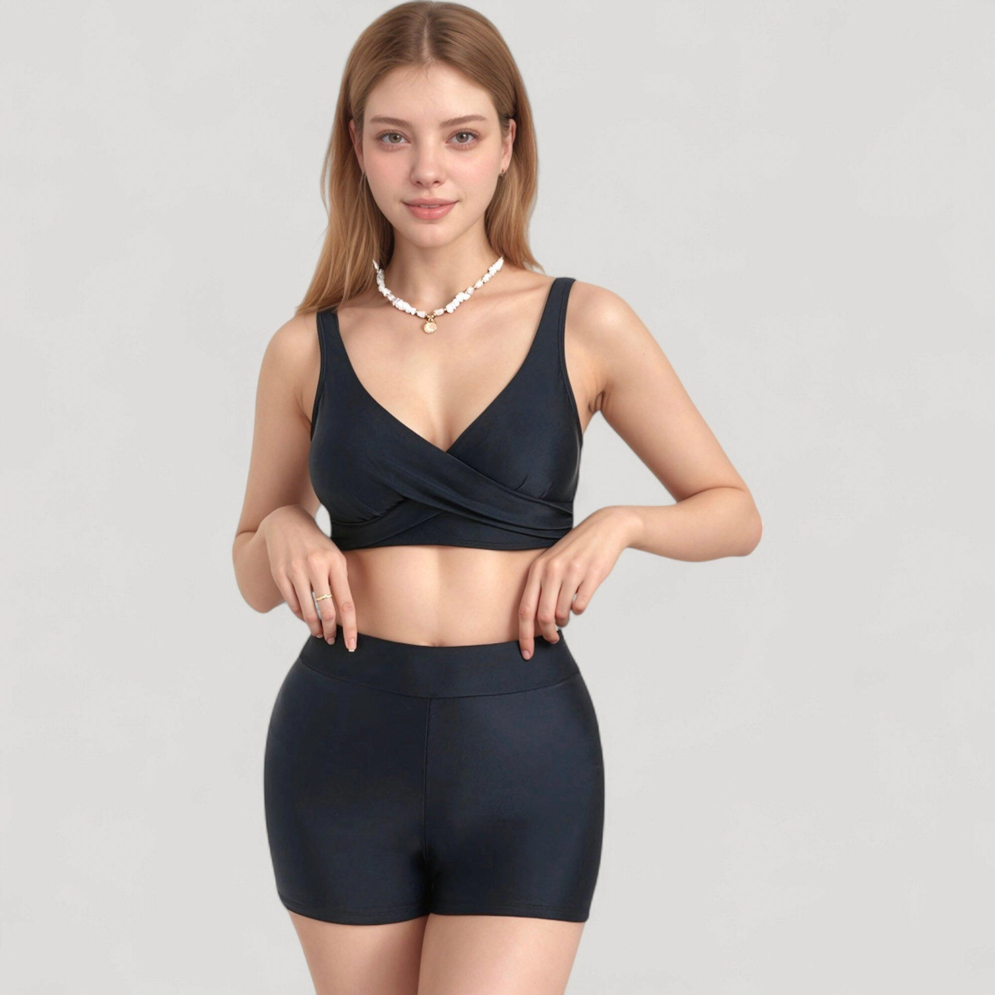 Anna-Kaci Twist Front Bikini Top and High Waist Swim Shorts Set
