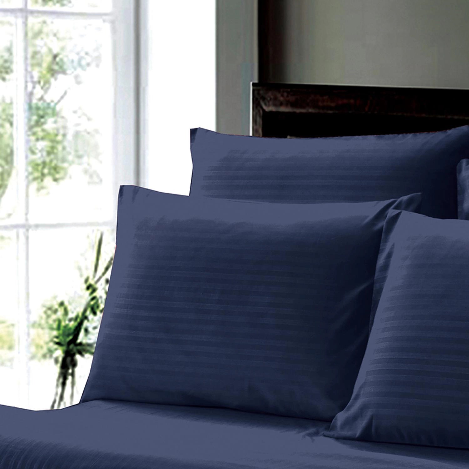 Plazatex Dobby Stripe Luxurious Ultra Soft Moisture Wicking Solid Color 6 Pieces Sheet Set Queen Navy