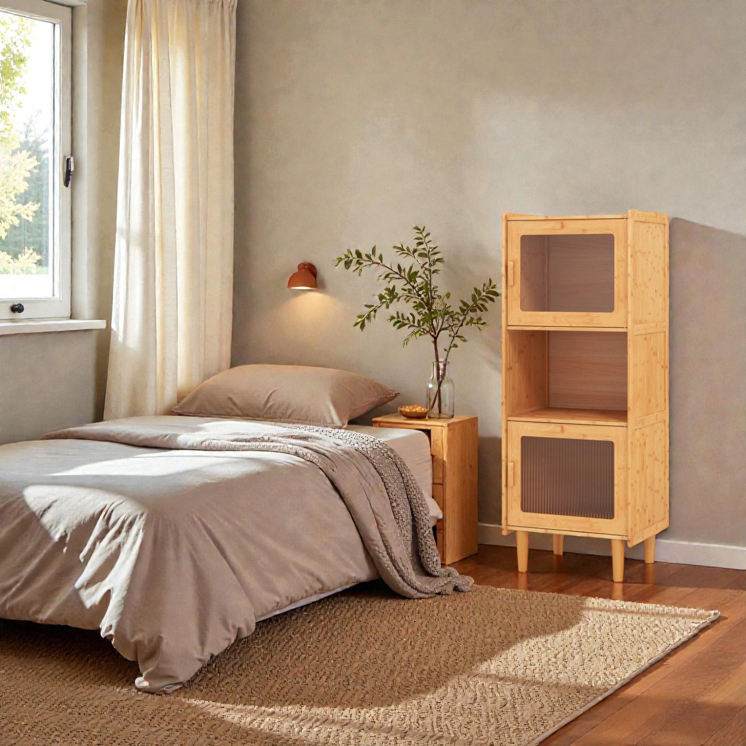 Hivvago 3-Cube Bamboo Cabinet Featuring Open Compartment and Two Clear Acrylic Doors