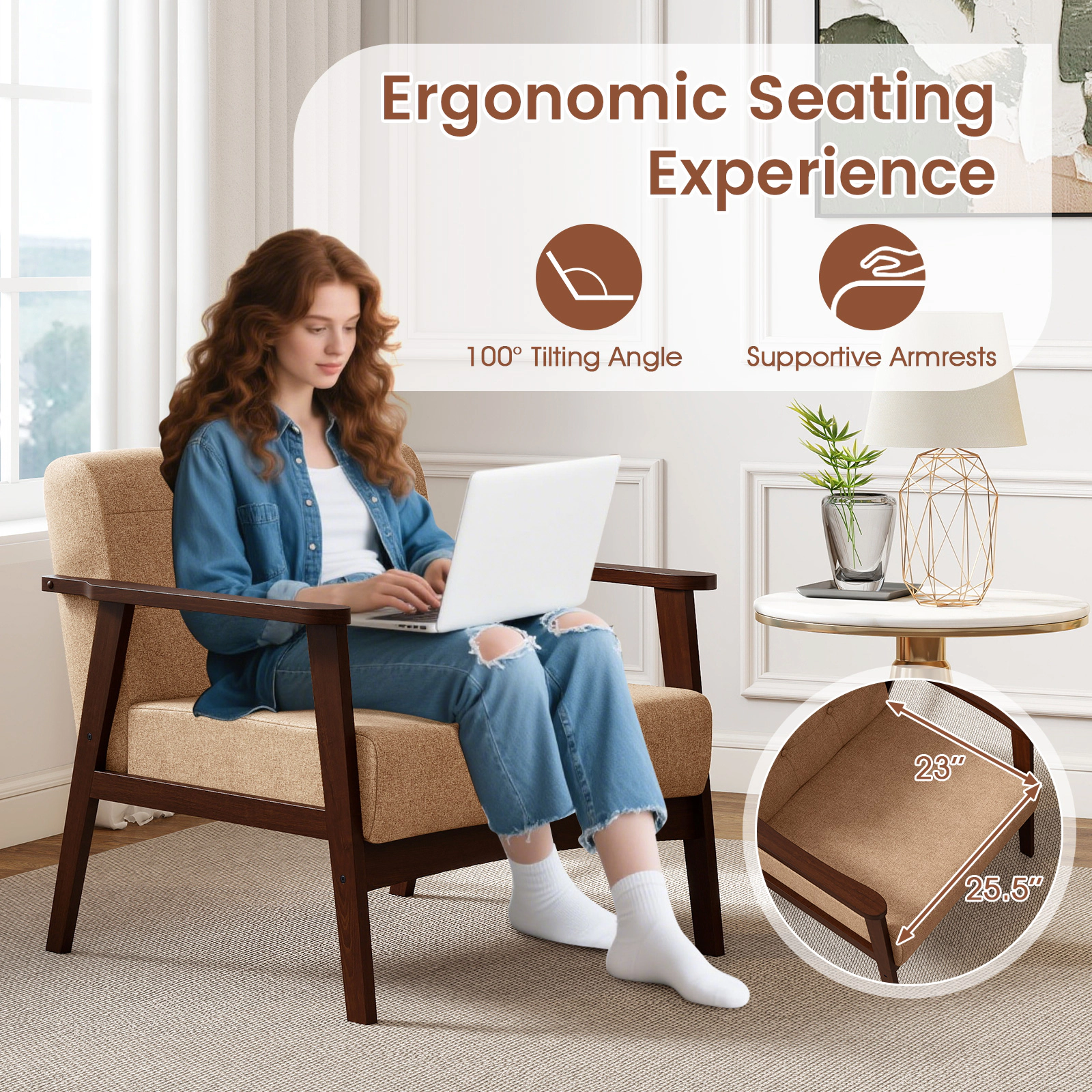 SUGIFT Rubber Wood Frame Accent Chair with Armrest 23-in Seat Depth 330-lb Capacity 1-Piece Beige