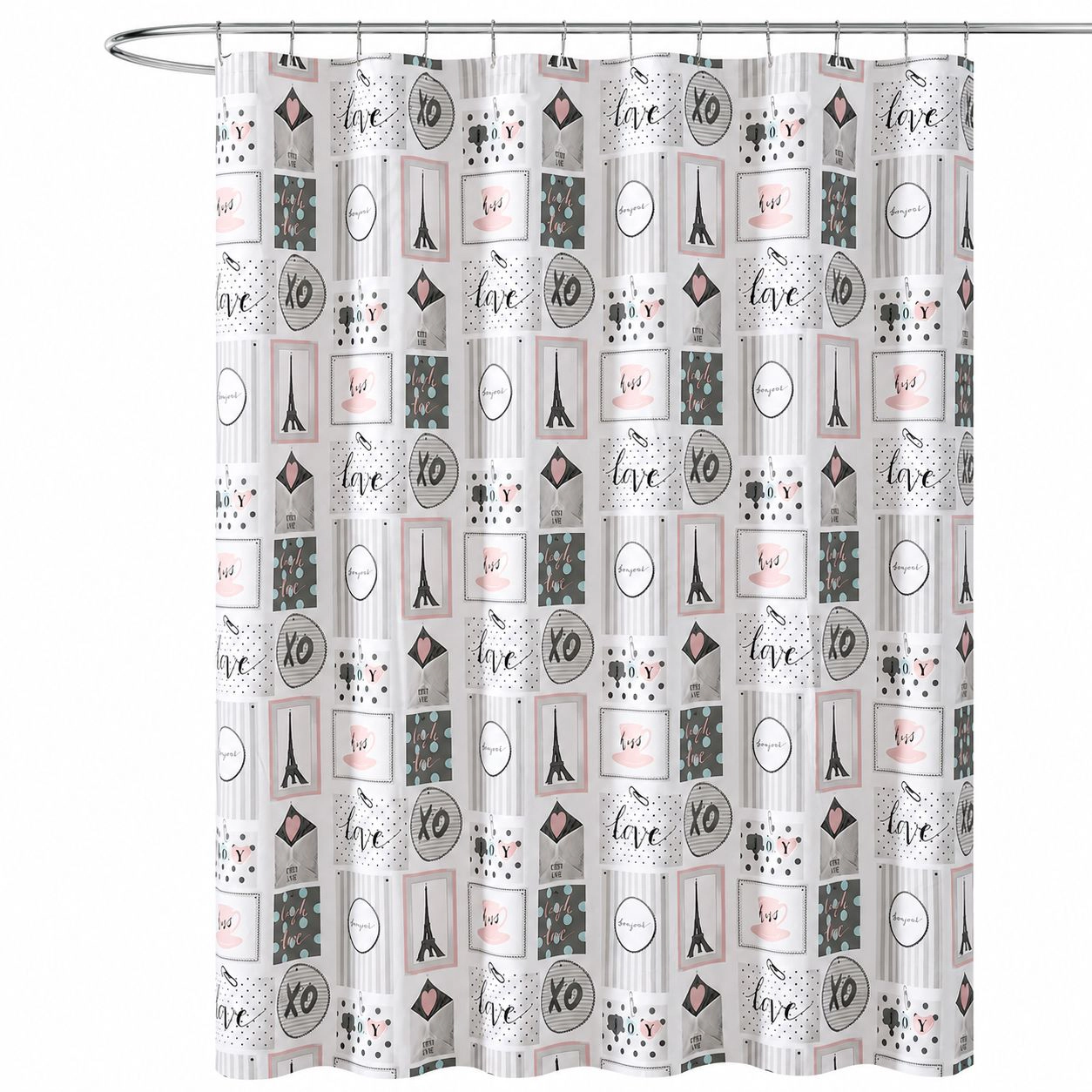 Kate Aurora Chic Bonjour XOXO Parisian Eiffel Tower Mold & Mildew Resistant Fabric Shower Curtain