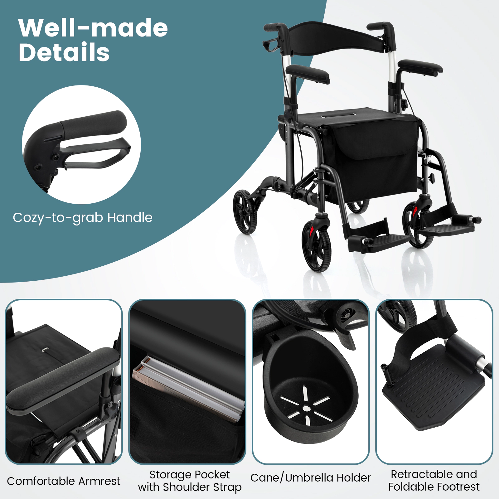 SUGIFT 2-in-1 Folding Aluminum Rollator Walker and Wheelchair with Seat and Wheels 300-lb Capacity 40.5-in Frame Black