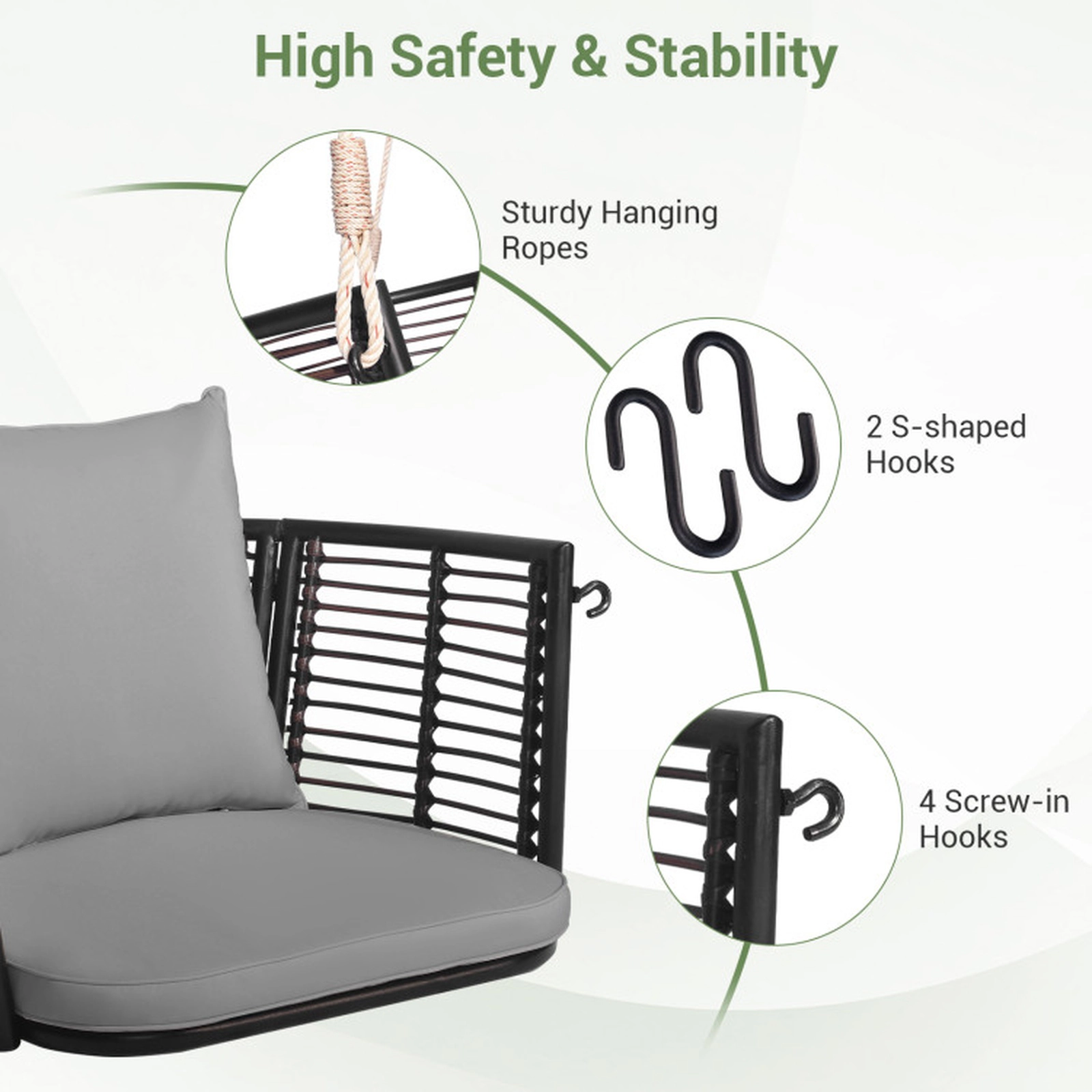 SUGIFT Gray Woven Rattan Backrest and Cushions Single Person Hanging Swing Seat