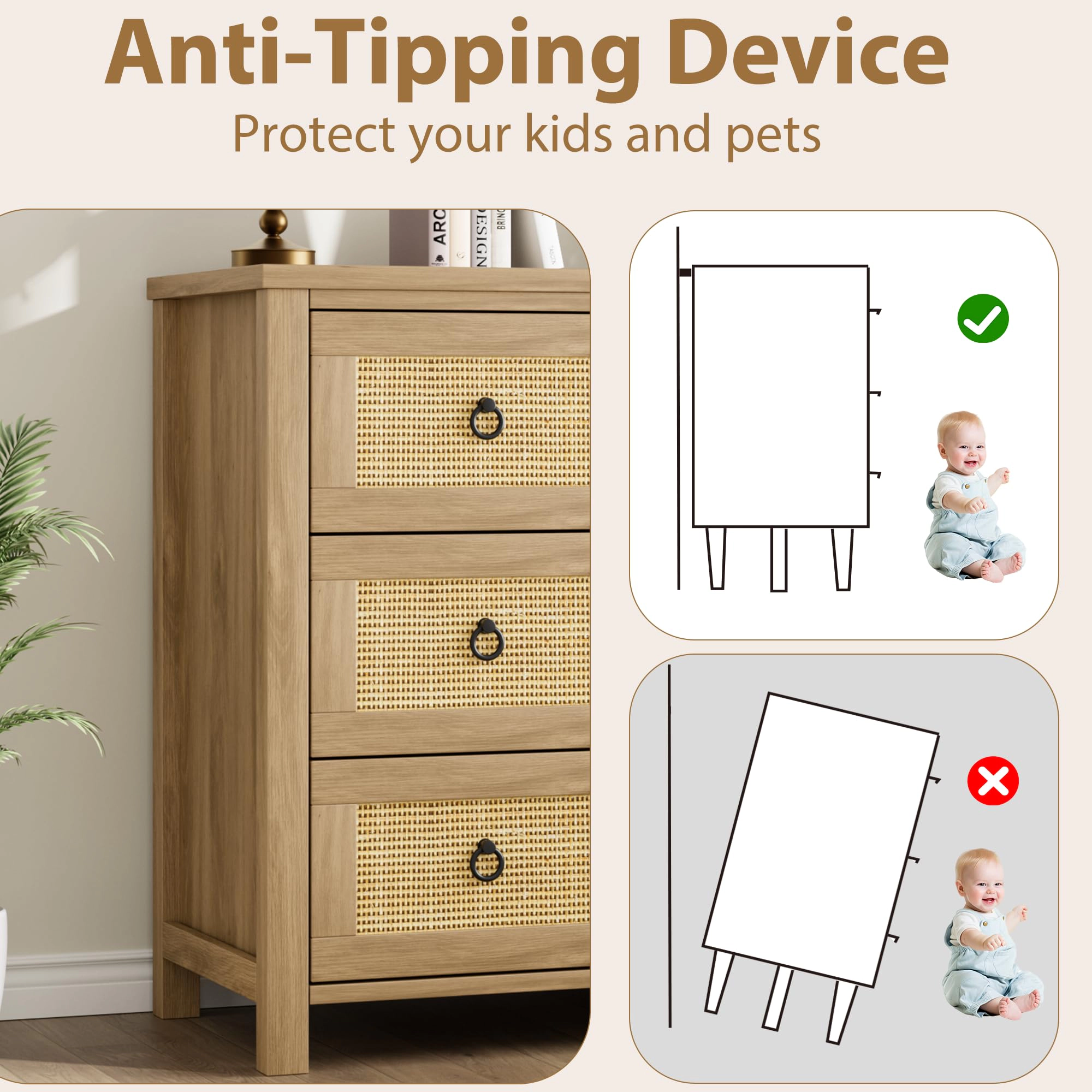 Rattan 4 Drawer Dresser, 37" Tall Wooden Storage Chest for Bedroom Living Room Hallway