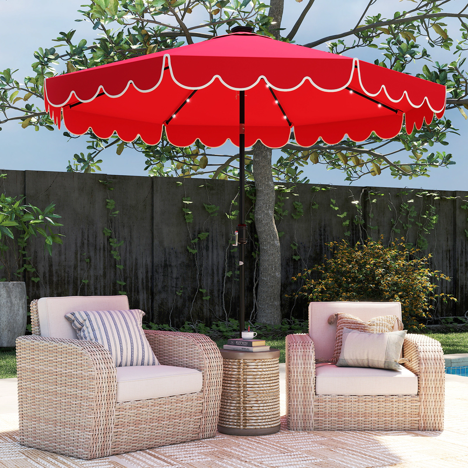 SUGIFT 10-ft Red Solar Patio Umbrella with 24 LED Lights Air Vent Crank Lift and 8 Wind-Resistant Metal Ribs