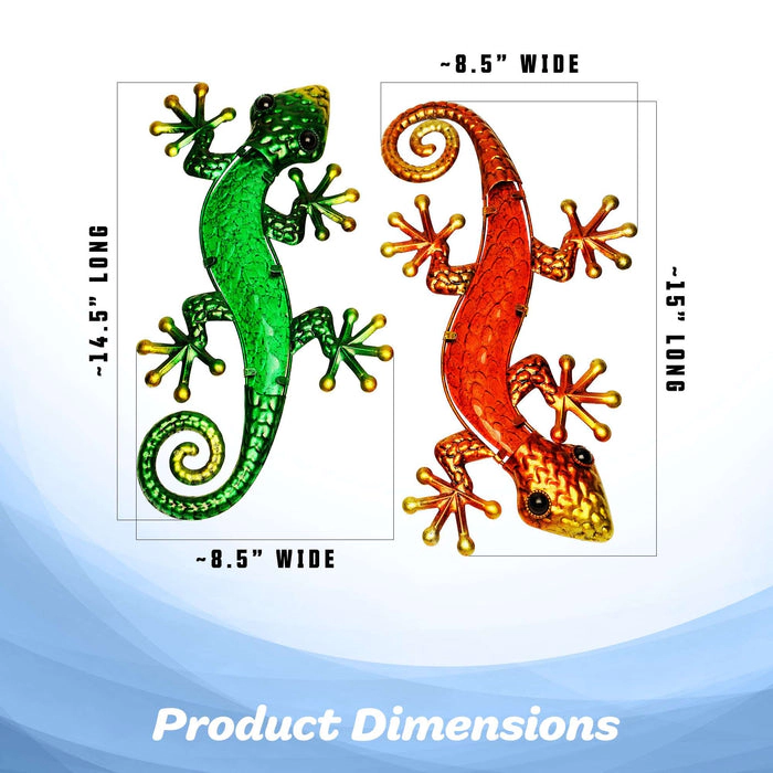 G128 Metal Gecko Wall Art Set of 2 Green & Orange Lizard Sculptures