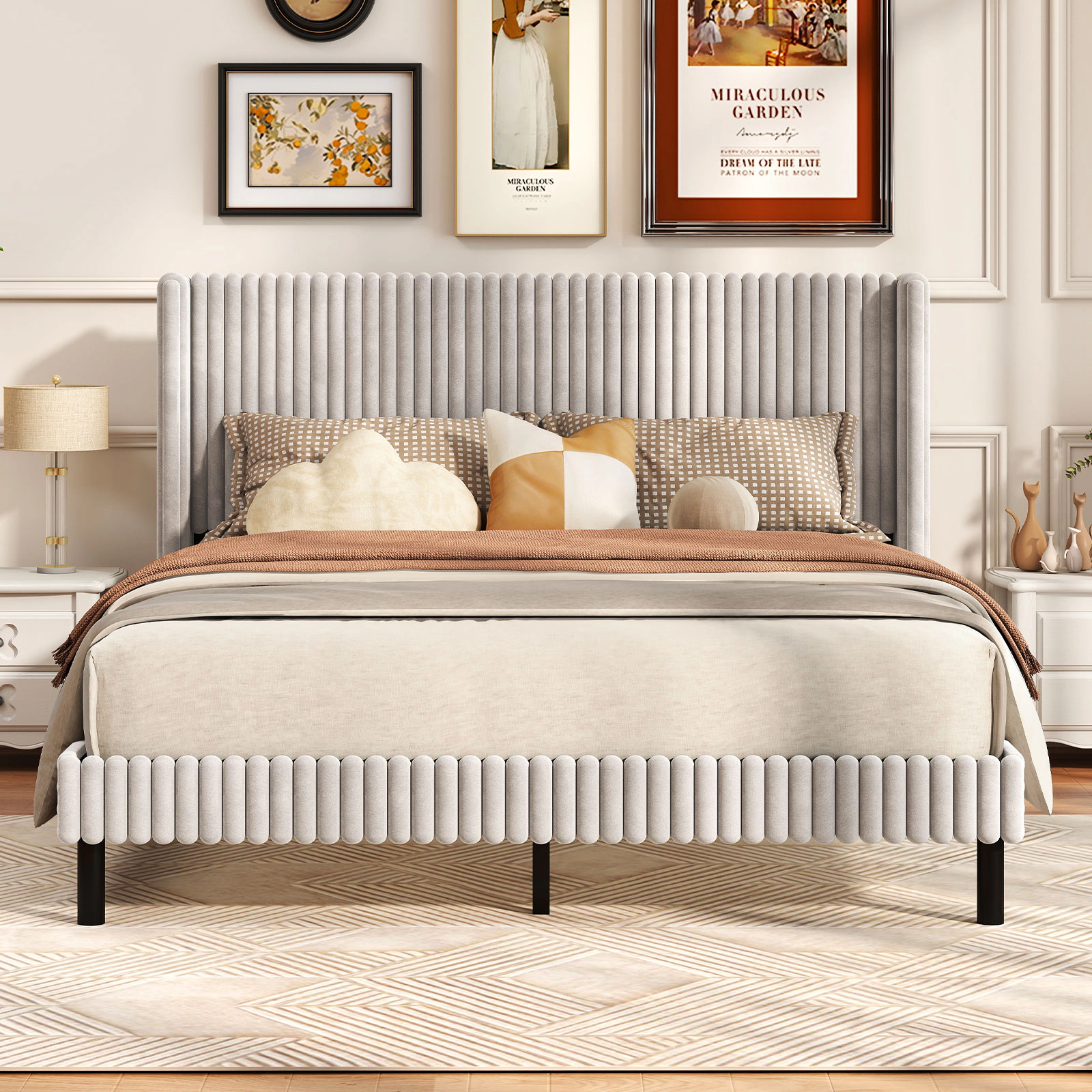 SUGIFT Queen Velvet Upholstered Platform Bed, White, Wingback Channel-Tufted Headboard, 800-lb Capacity