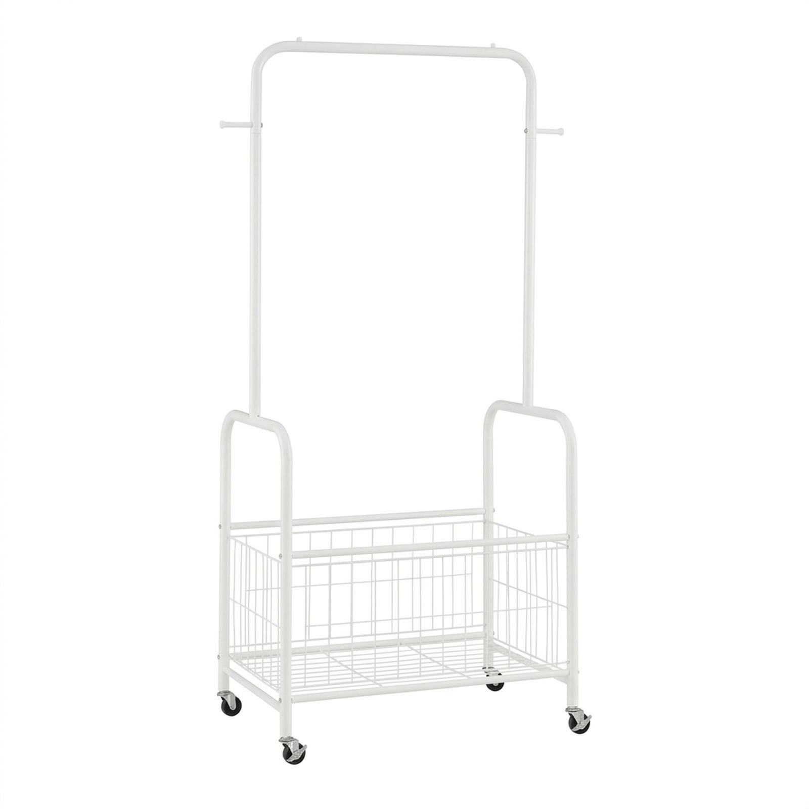SUGIFT Rolling Metal Clothes Rack with Hanging Rod, Side Hooks and Storage Basket 110-lb Capacity White