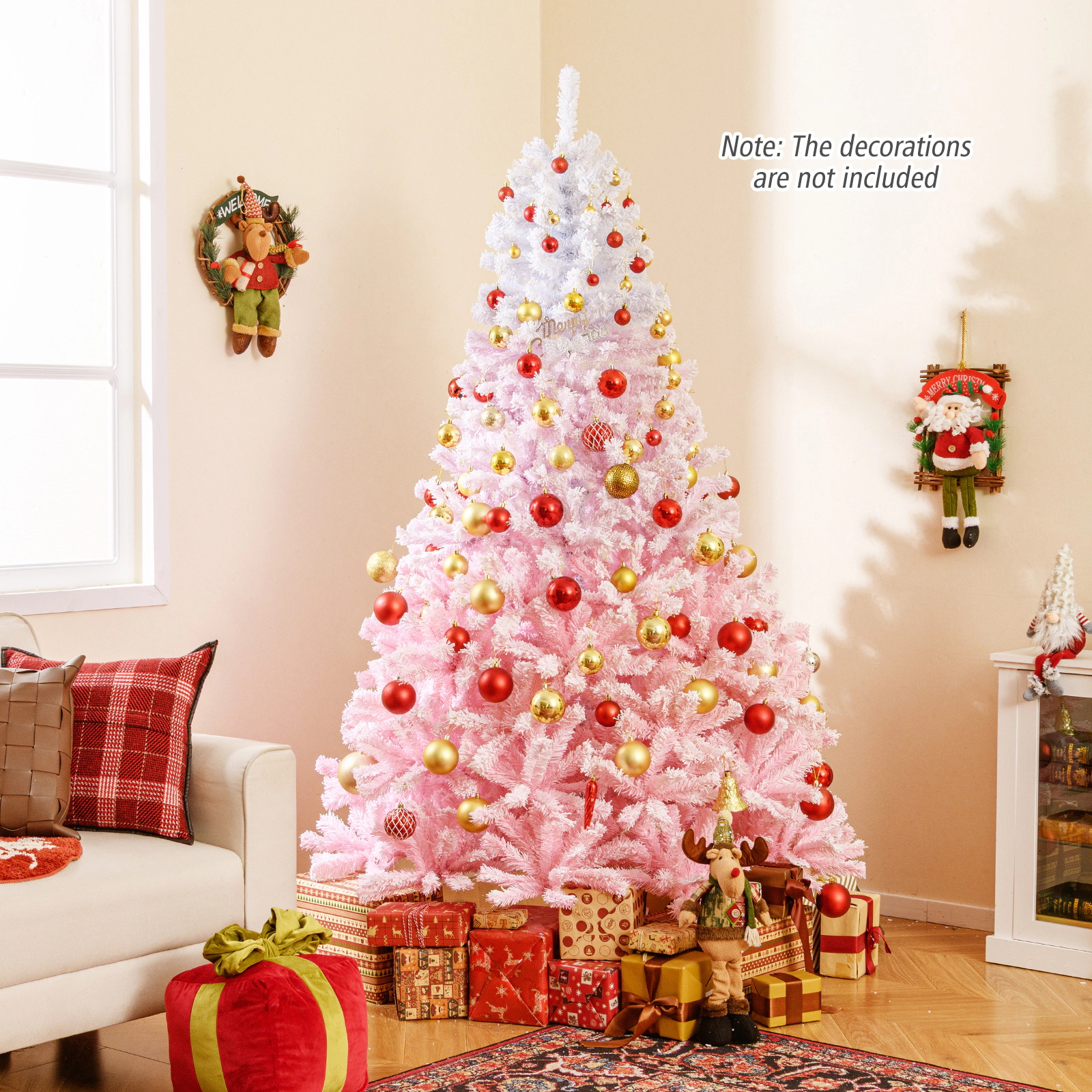 SUGIFT 7-ft Snow Flocked Artificial Christmas Tree White to Pink Gradient with 1264 Tips and Folding Stand