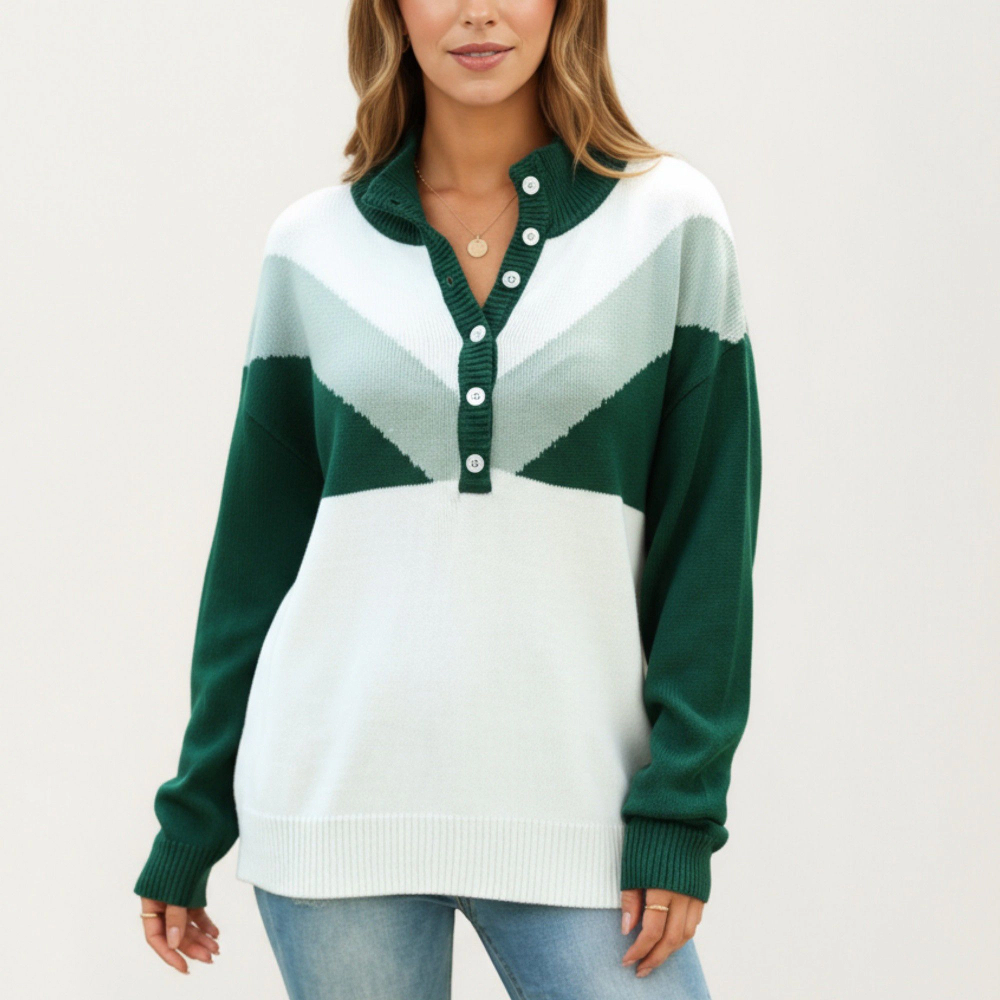 Anna-Kaci Women's Color Block Long Sleeve Knit Sweater with Button Collar and Ribbed Hem