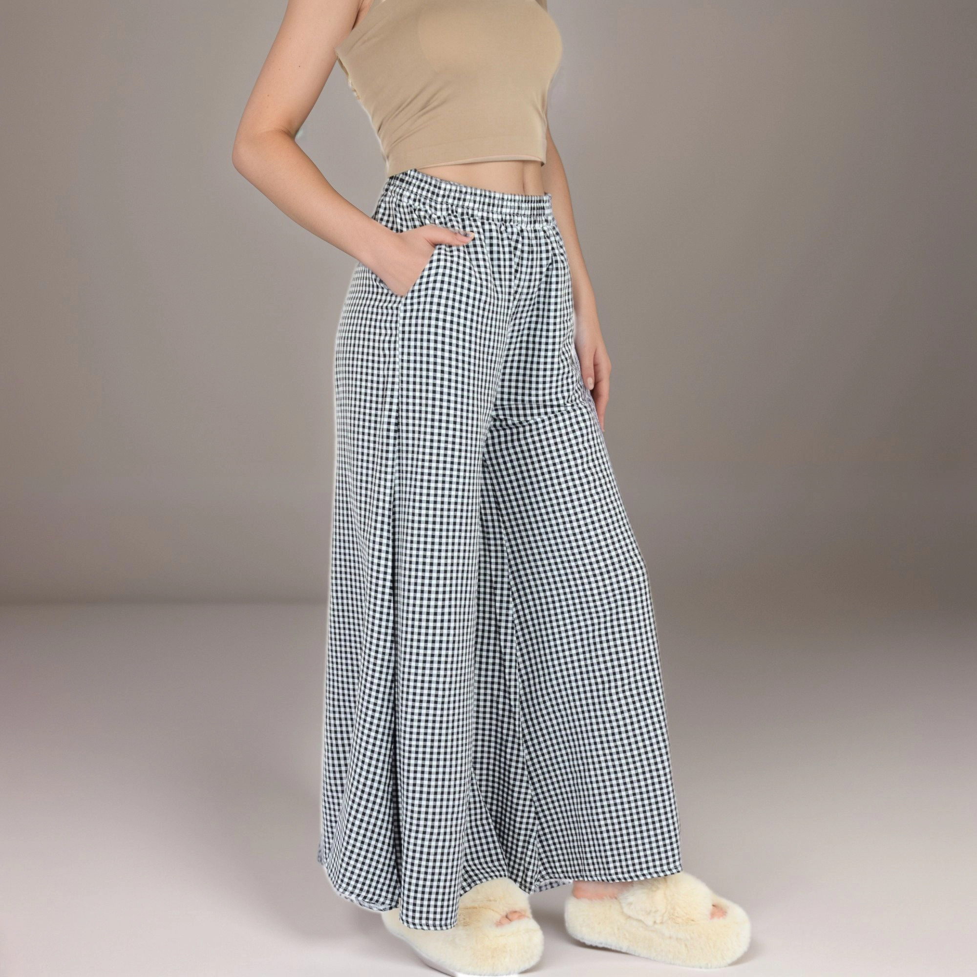 Anna-Kaci Women's Gingham Wide Leg Lounge Pants with Elastic Waistband Side Pockets and Draped Full-Length Fit