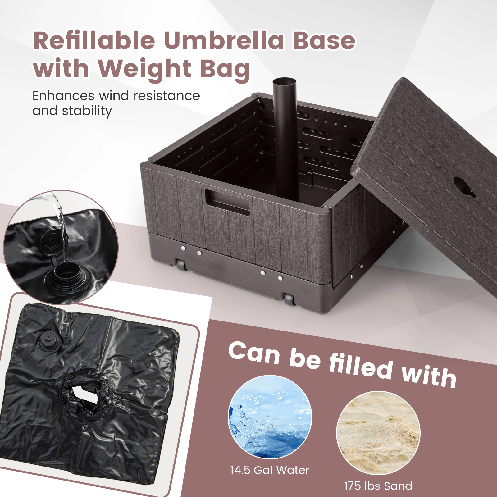 SUGIFT Black 175-lb 3-in-1 Fillable Patio Umbrella Base with Wheels Planter Box and Table Tray for Deck