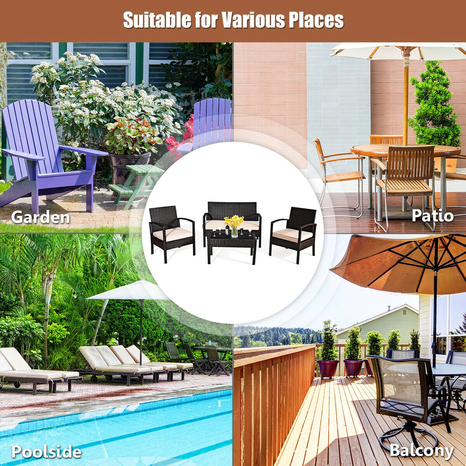 SUGIFT Loveseat 2 Sofas and Coffee Table 4-Piece Beige Patio Rattan Conversation Set