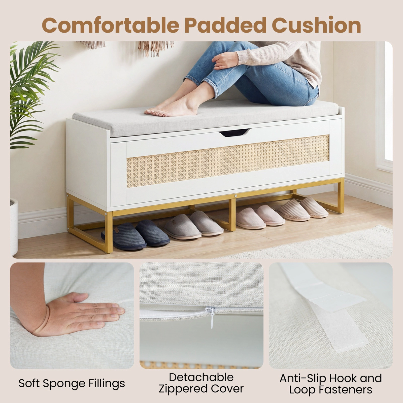 SUGIFT 39.5 Inch Rattan Storage Bench White Wicker Shoe Bench with Padded Flip-Top
