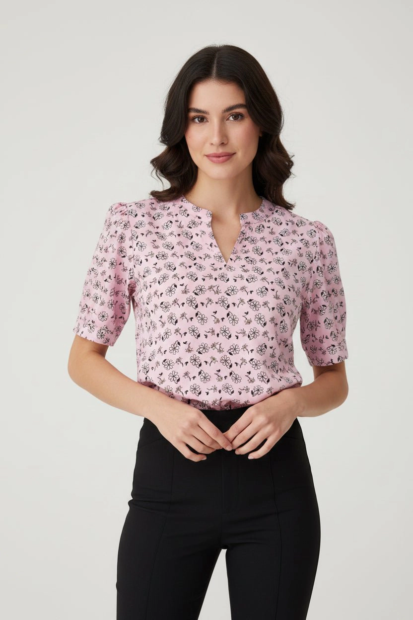 DressAtR Women's Floral V Split Round Stand Neck Pullover Elbow Sleeve Blouse
