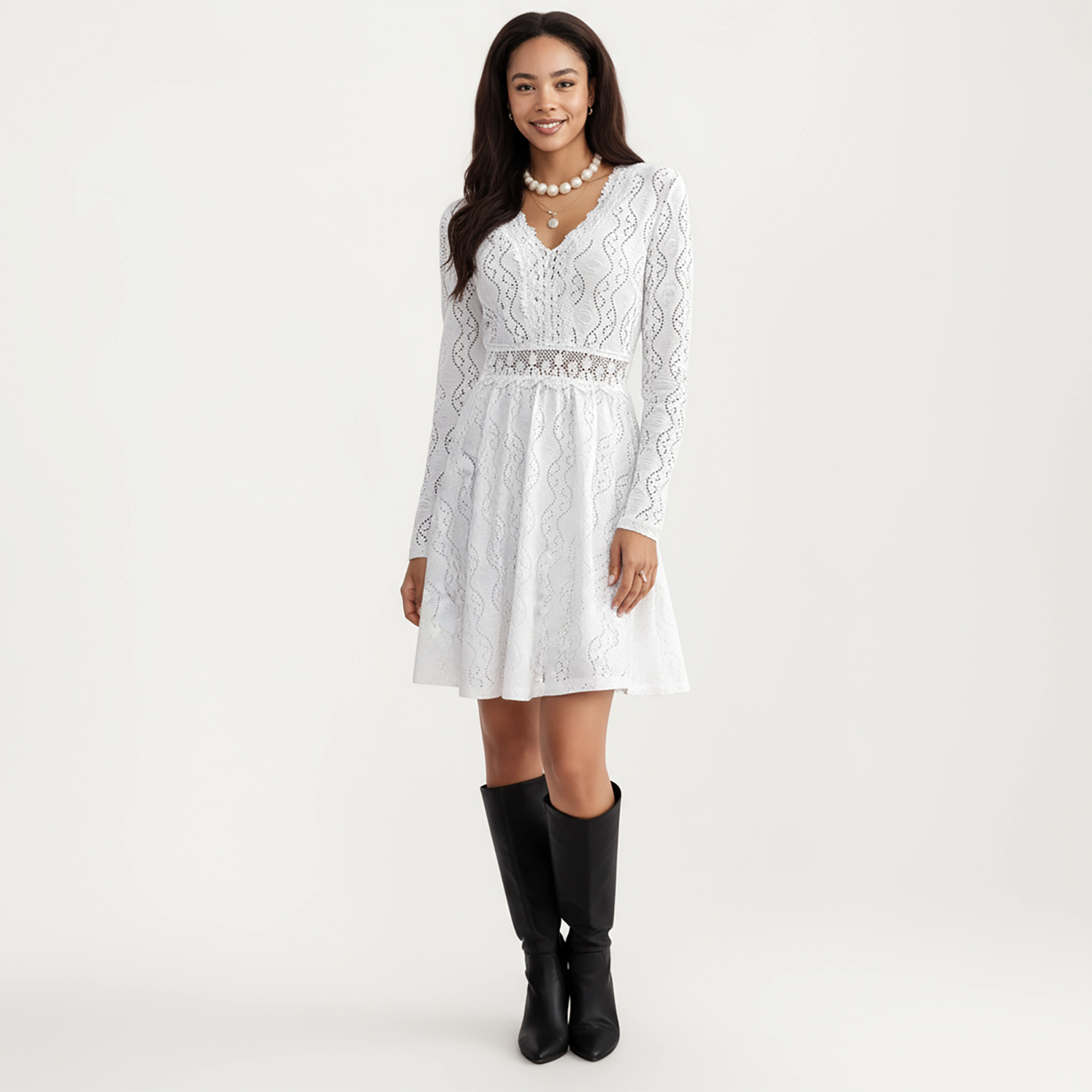 Anna-Kaci Women's Long Sleeve Lace V Neck Sheer Waist Detail Mini Dress