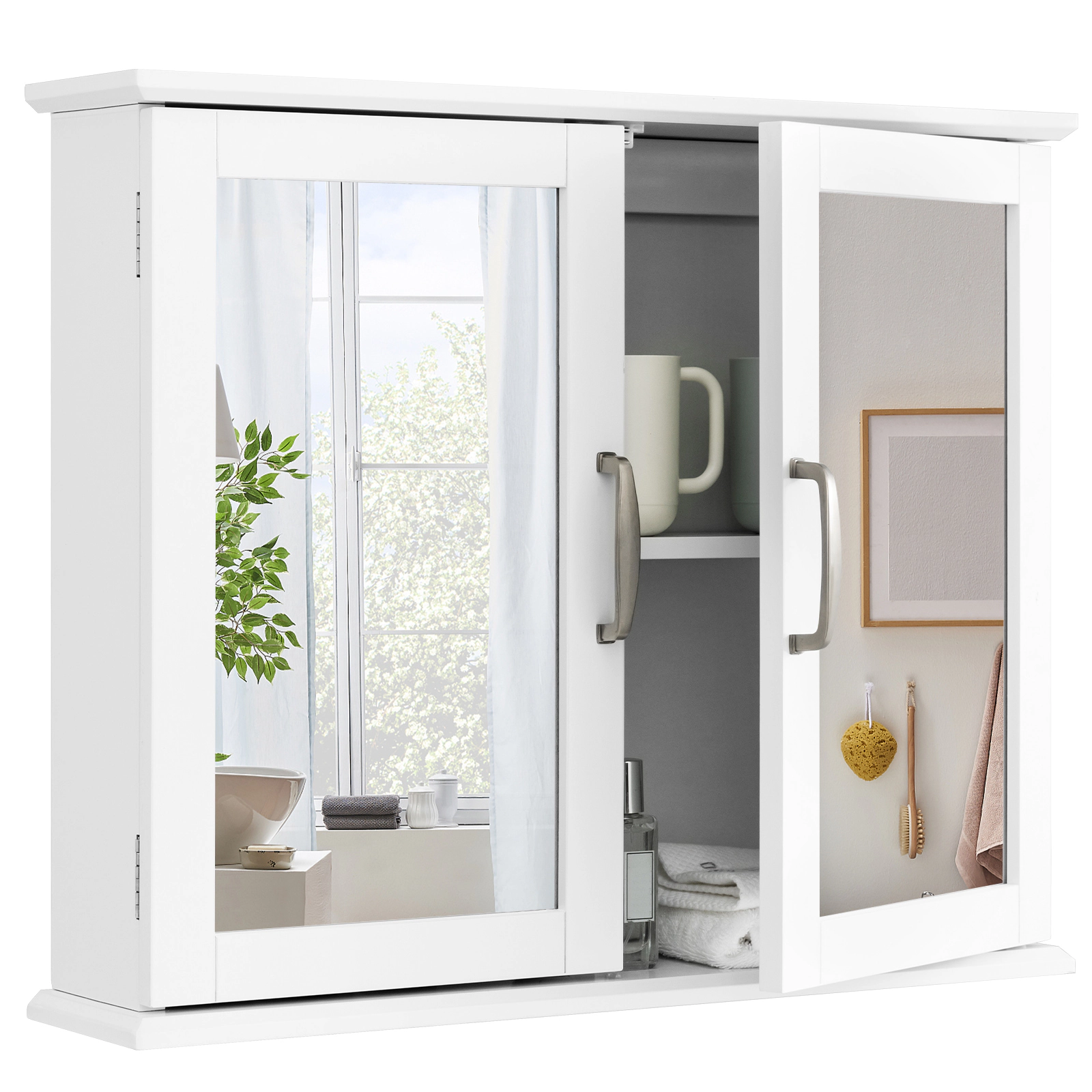 SUGIFT 2-Tier Twin Mirrored Doors Metal Handles MDF Bathroom Medicine Cabinet 23.5-in x 5.5-in x 19.5-in 15.5-lb White