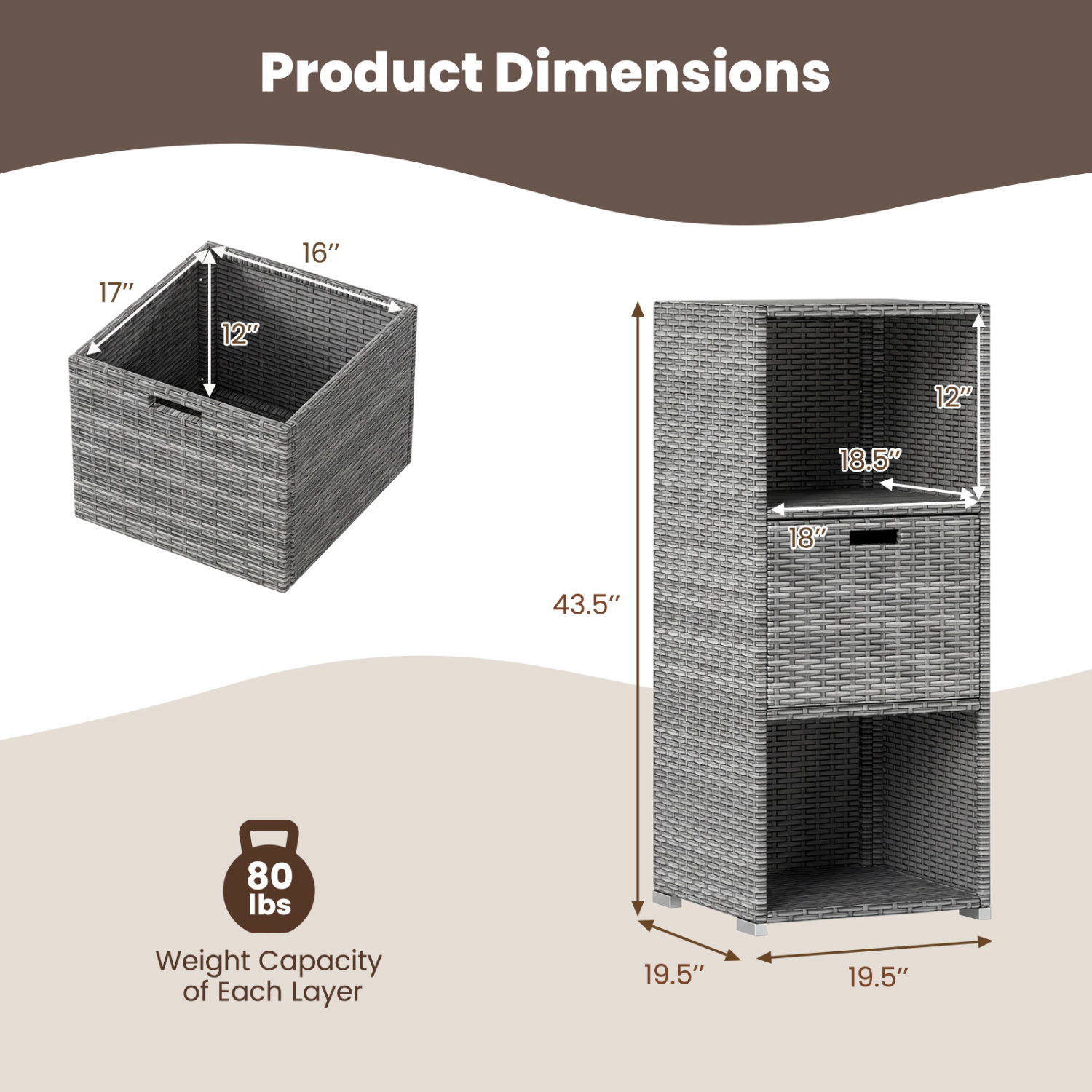 SUGIFT Hand-Woven PE Rattan Outdoor Storage Cabinet Removable Drawer 3 Shelves 43-in Tall 19.5-in Wide 27.5-lb Gray