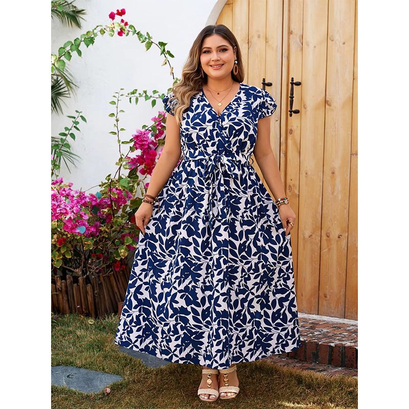 KOJOOIN Women's Plus Floral Maxi Dress Wrap V Neck A Line Flowy Boho Beach Vacation Long Dresses