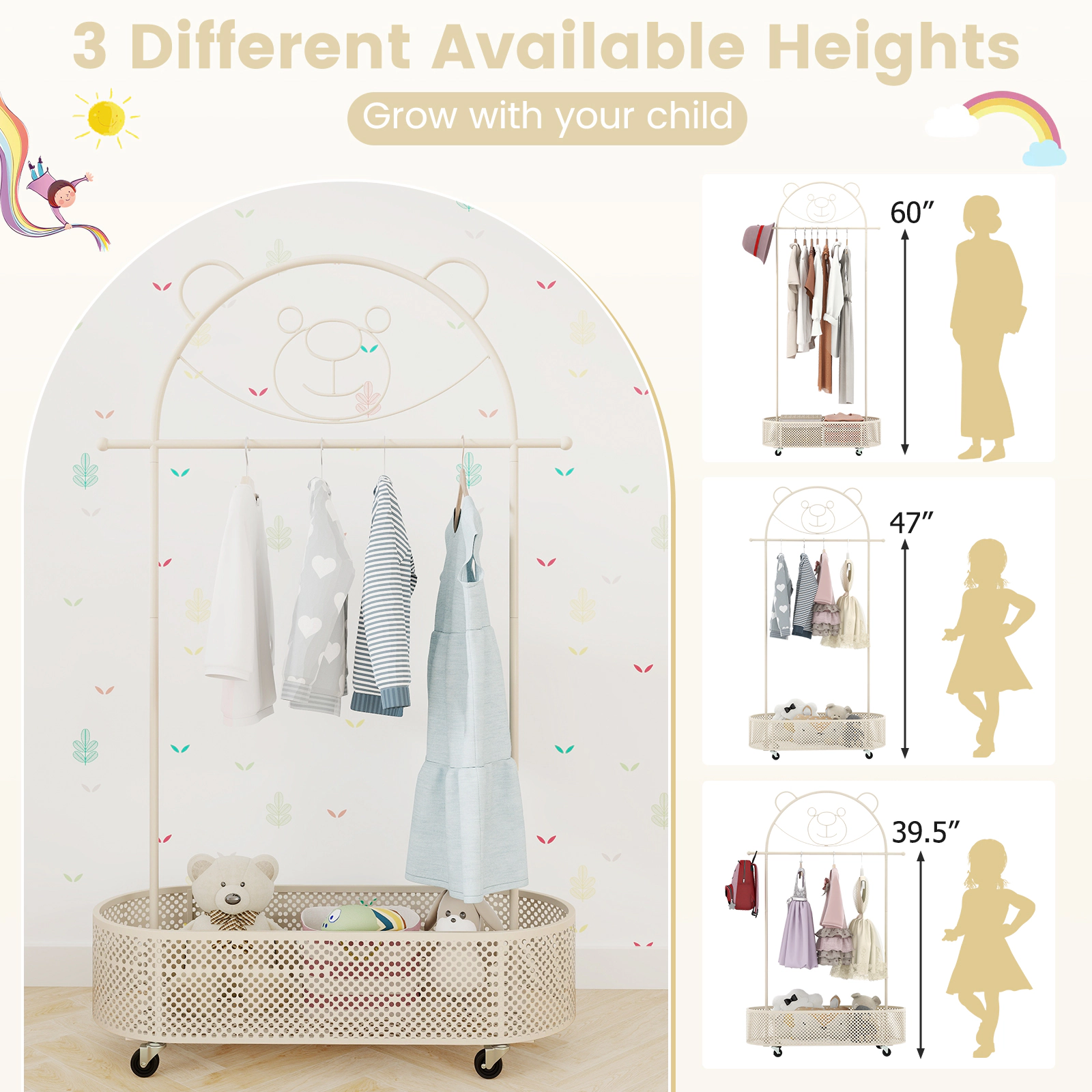 Hivvago Rolling Clothing Rack for Kids with Adjustable Height