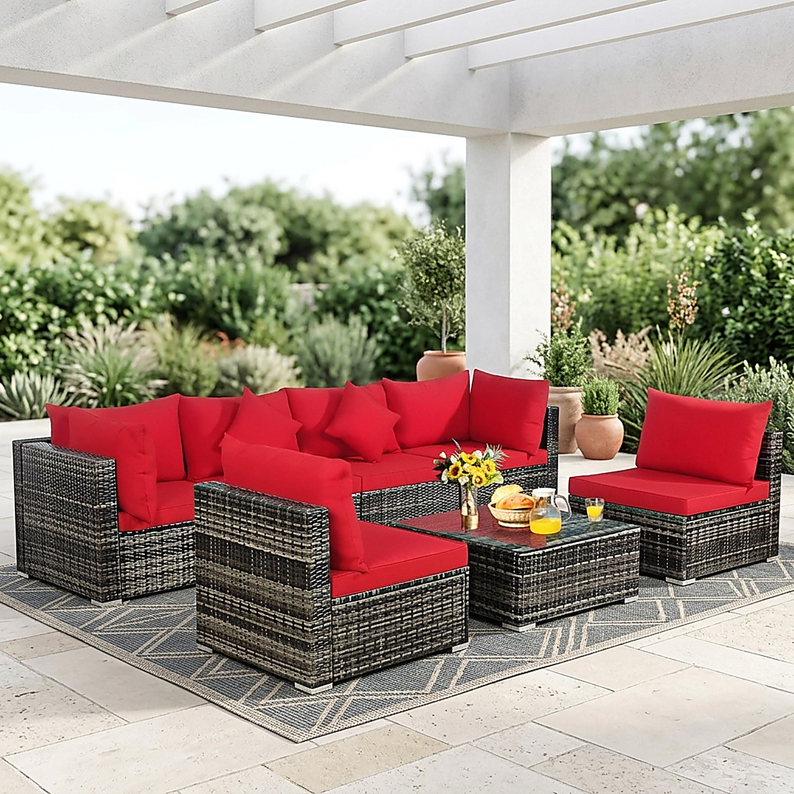 SUGIFT Tempered Glass Table Cushions and Throw Pillows 7-Piece Patio Rattan Sectional Sofa Set