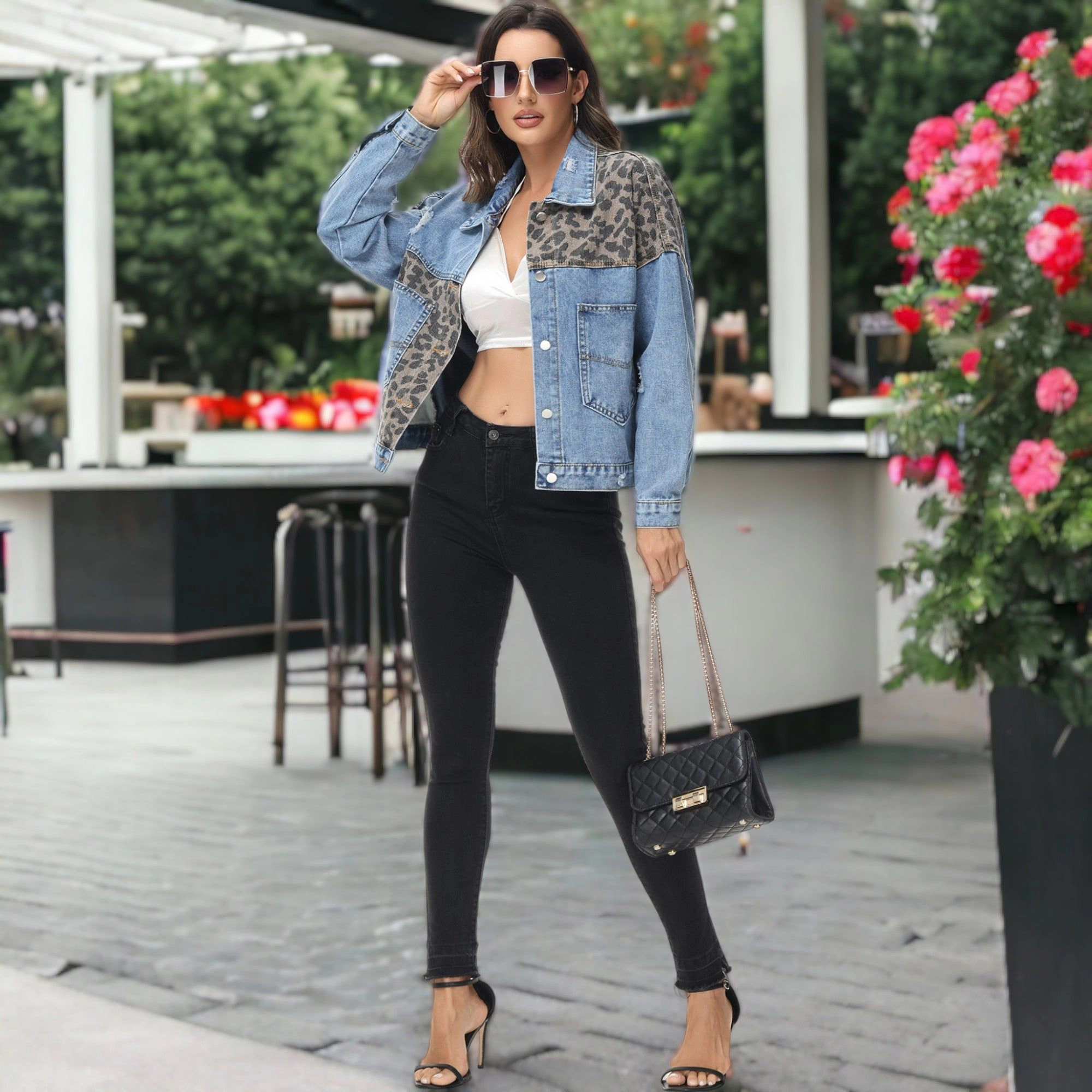 Anna-Kaci Women's Leopard Print Long Sleeve Crop Denim Jacket