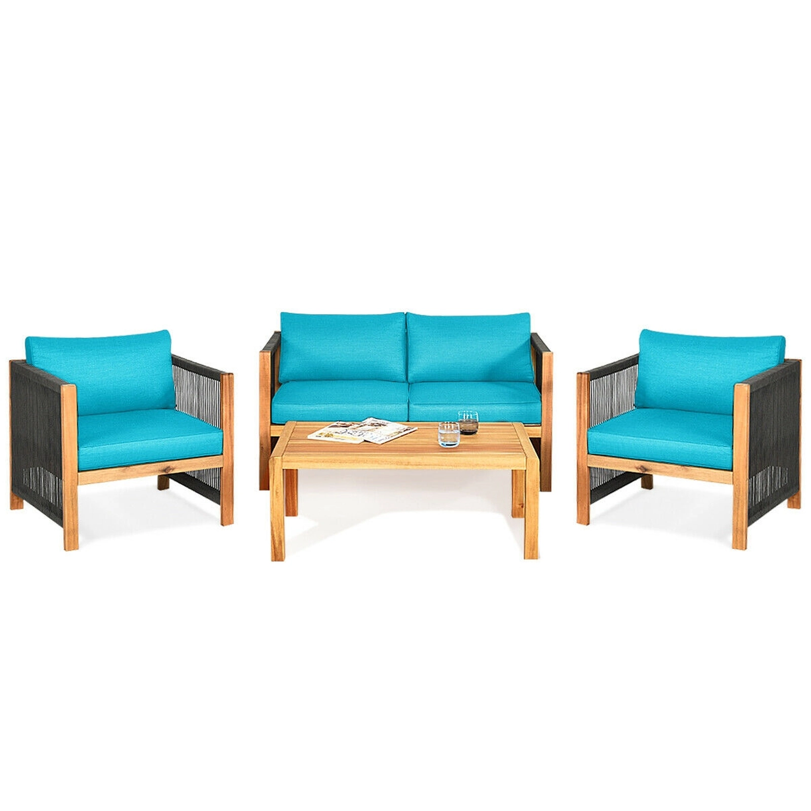 SUGIFT 4-Piece Turquoise Acacia Wood Patio Sofa Set with Loveseat, 2 Chairs and Table