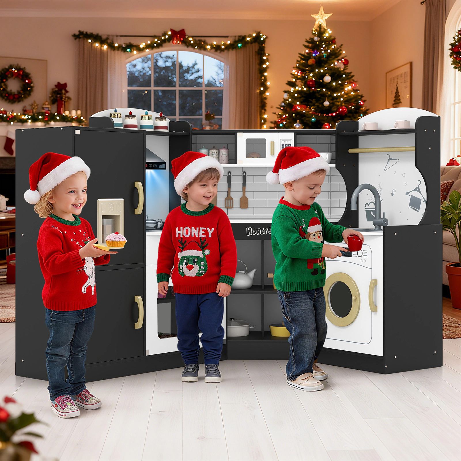 LJG Corner Kids Play Kitchen with Washing Machine and Ice Maker Gift for Boys Girls