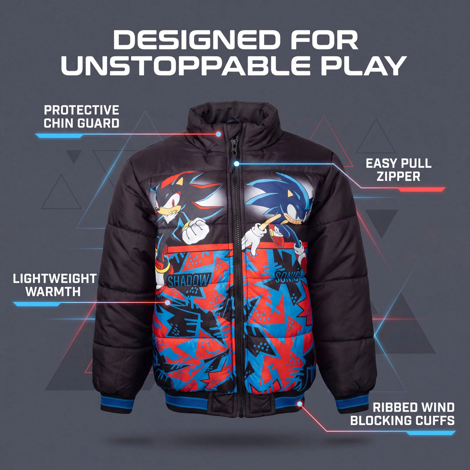 SEGA Sonic the Hedgehog Boys' Zip-Up Hooded Puffer Jacket
