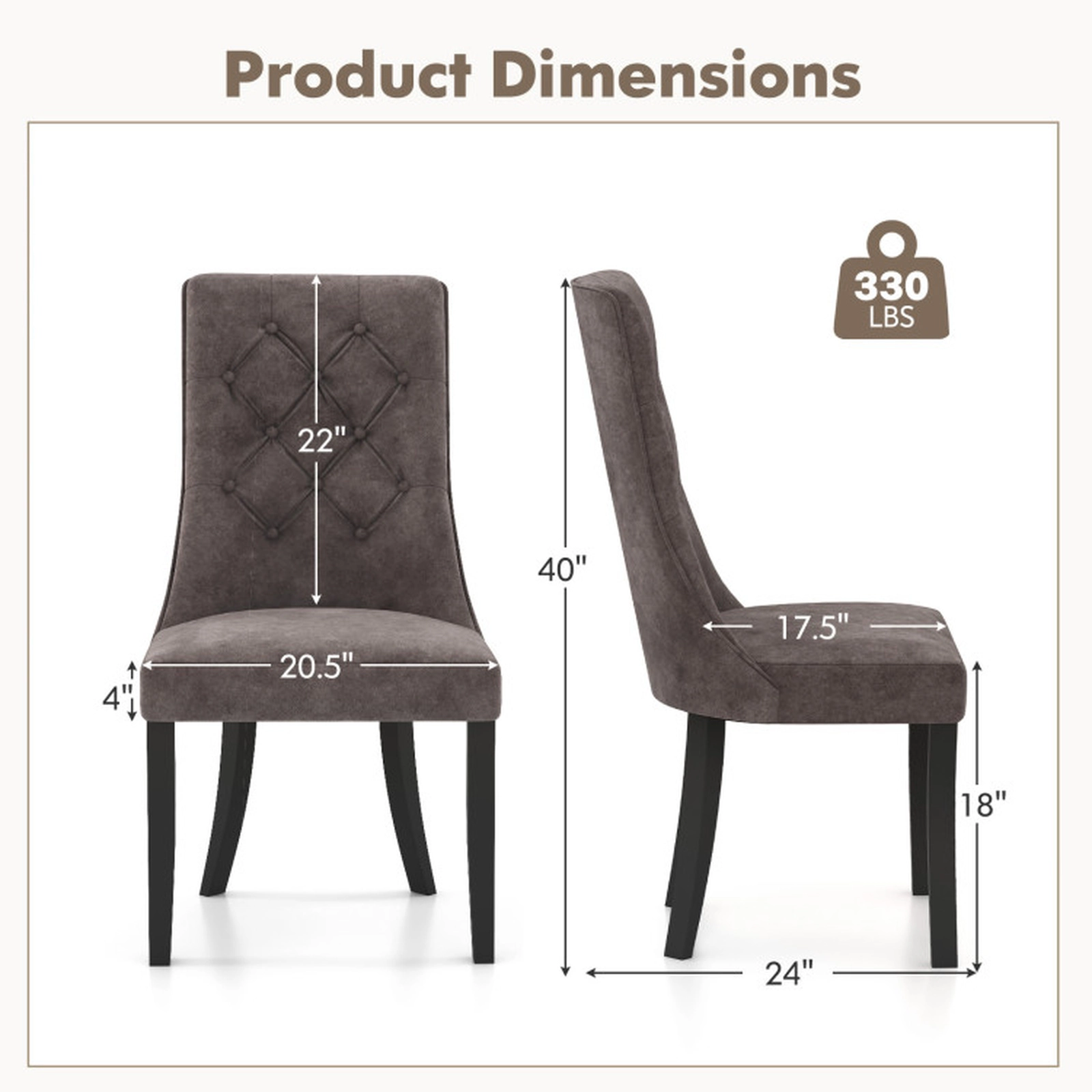 SUGIFT Set of 2 Velvet Tufted High Back Rubber Wood Dining Chairs 24-in x 20.5-in x 40-in 300-lb Capacity Light Gray