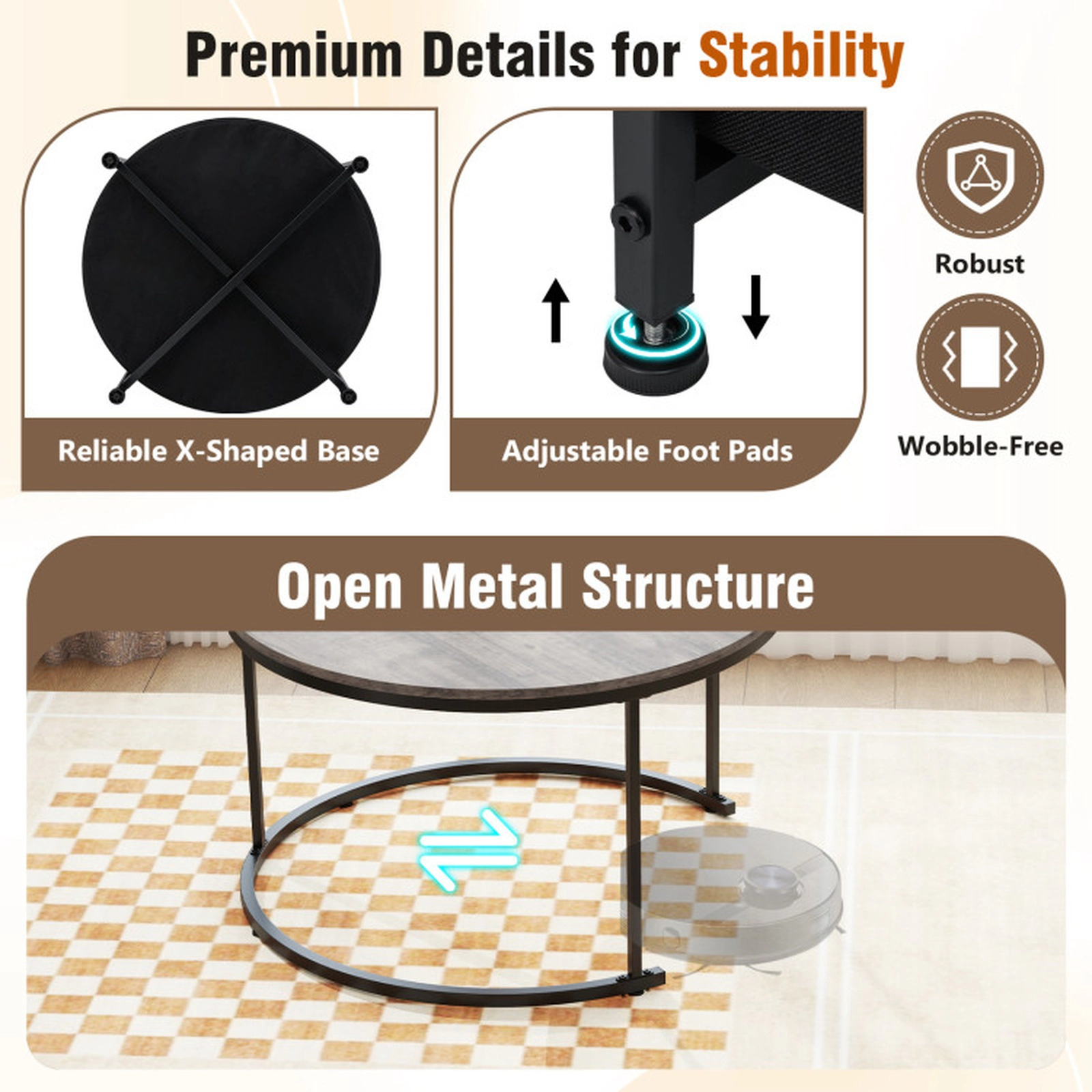 SUGIFT Round Nesting Coffee Table Set of 2 with Dual Tabletops Fabric Storage Basket 110-lb and 66-lb Capacity Gray
