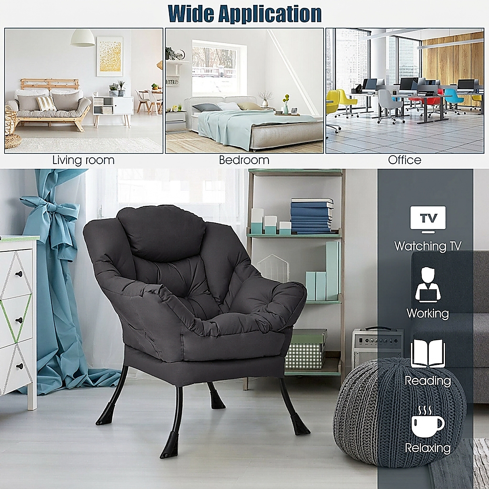 SUGIFT Modern Polyester Fabric Lazy Chair Single Sofa with Steel Frame 330-Lb Capacity Gray