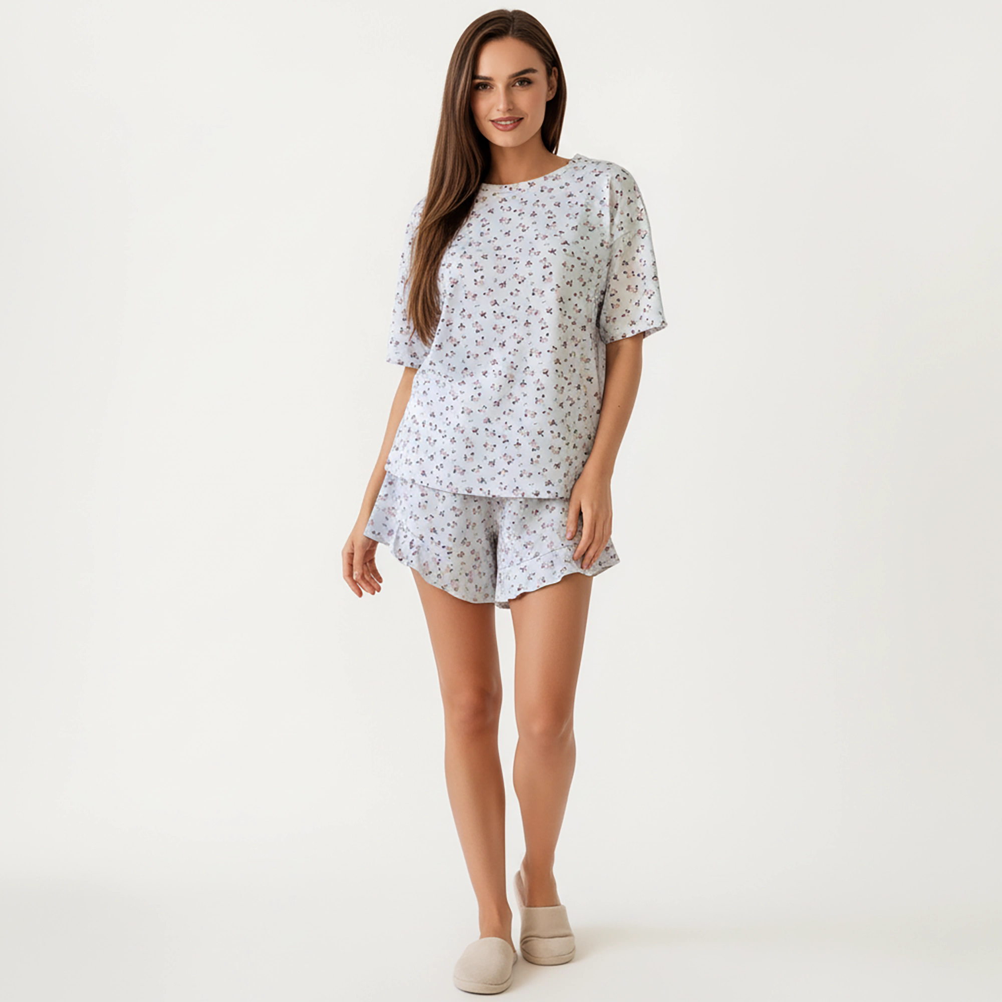 Anna-Kaci Women's Tiny Rose Print Crew Neck Pajama Set with Short Sleeves and Ruffle Trim Shorts