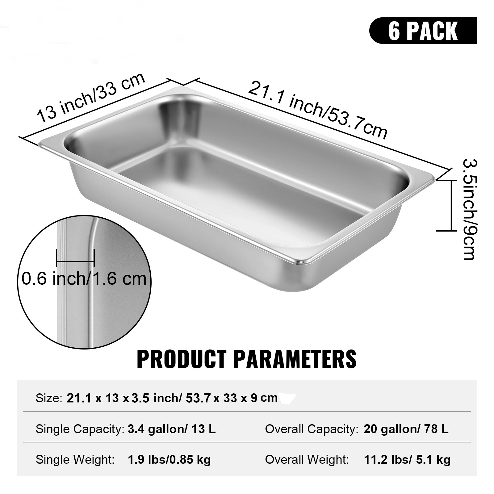 HONGGE 6 Pack Steam Table Pans Deep Pan Full Food Container Stainless Steel Oven Tray Hotel