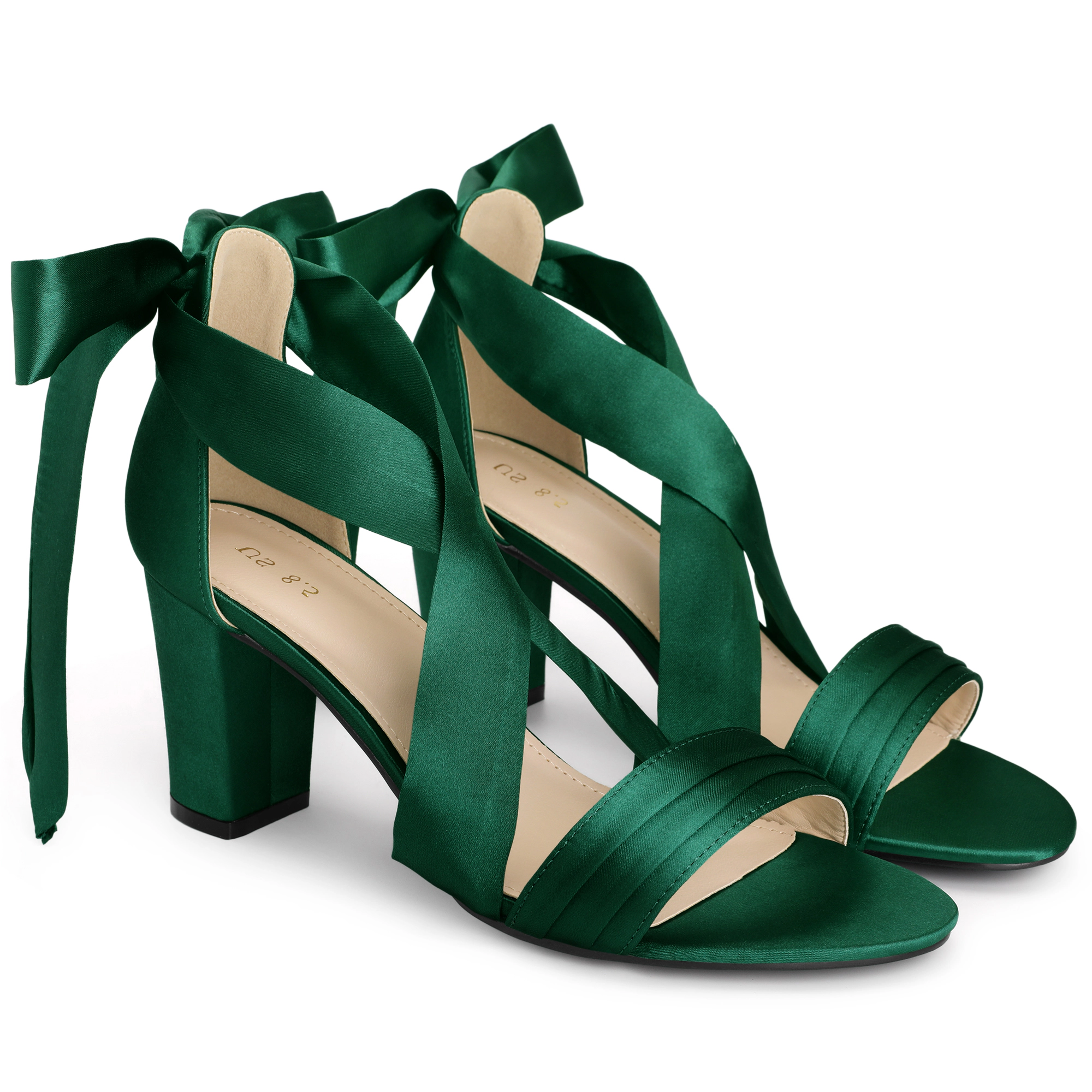 BLISSFUL STEP Women's Satin Open Toe Lace Up Cross Strap Chunky Heel Sandals