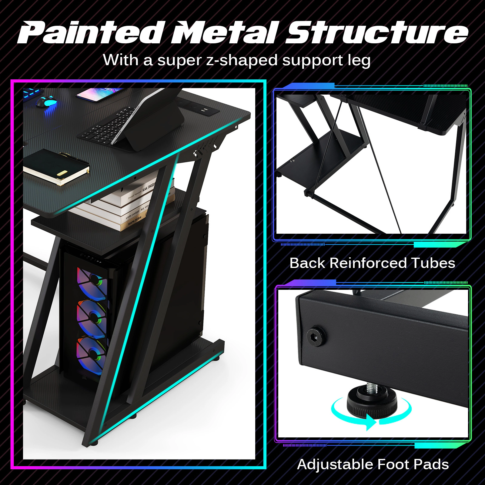 SUGIFT L Shaped Gaming Desk with Monitor Stand, Outlets and USB Ports 200-lb Tabletop Capacity 39-in Wide Black