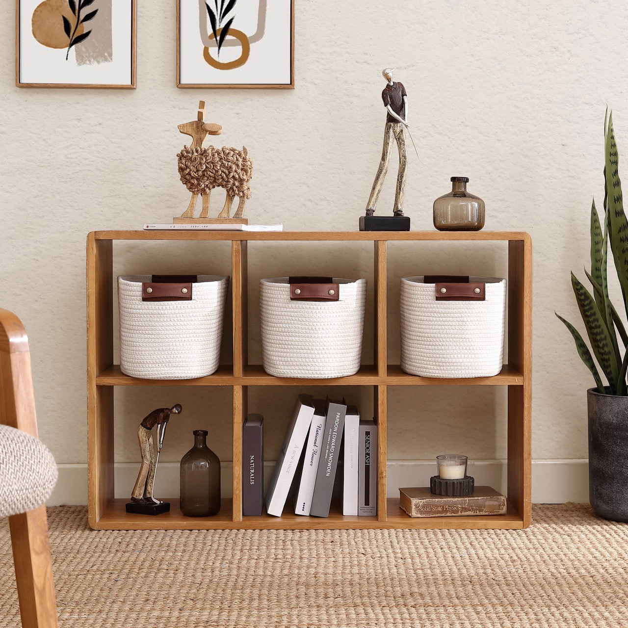 Ornavo Home 3 Pack Cotton Rope Shelf Basket with Faux Leather Handles - 15" x 10" 9"
