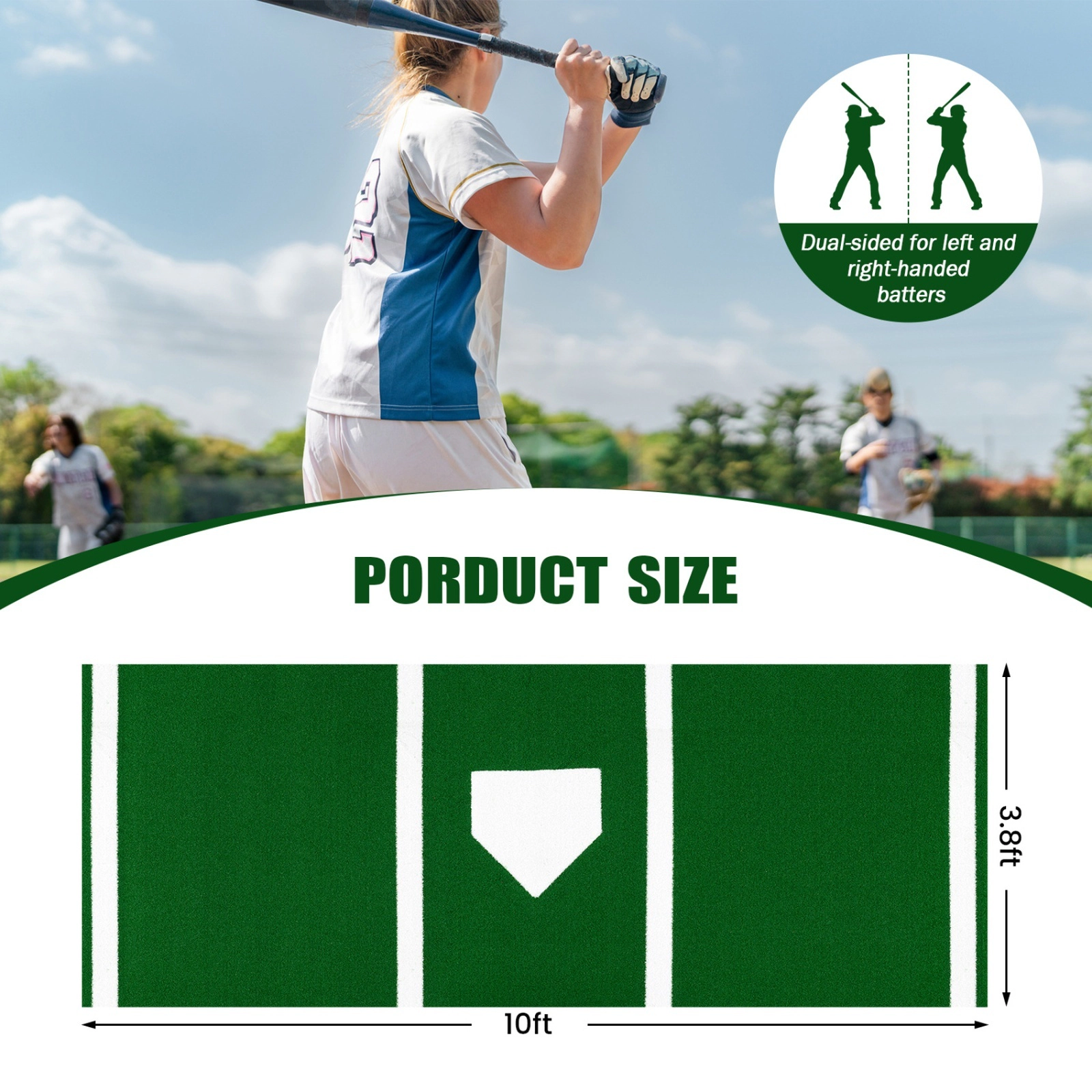 10-ft x 3.8-ft Baseball and Softball Hitting Mat Home Plate Markings Dual-Sided Batters Box Carry Strap Green Turf