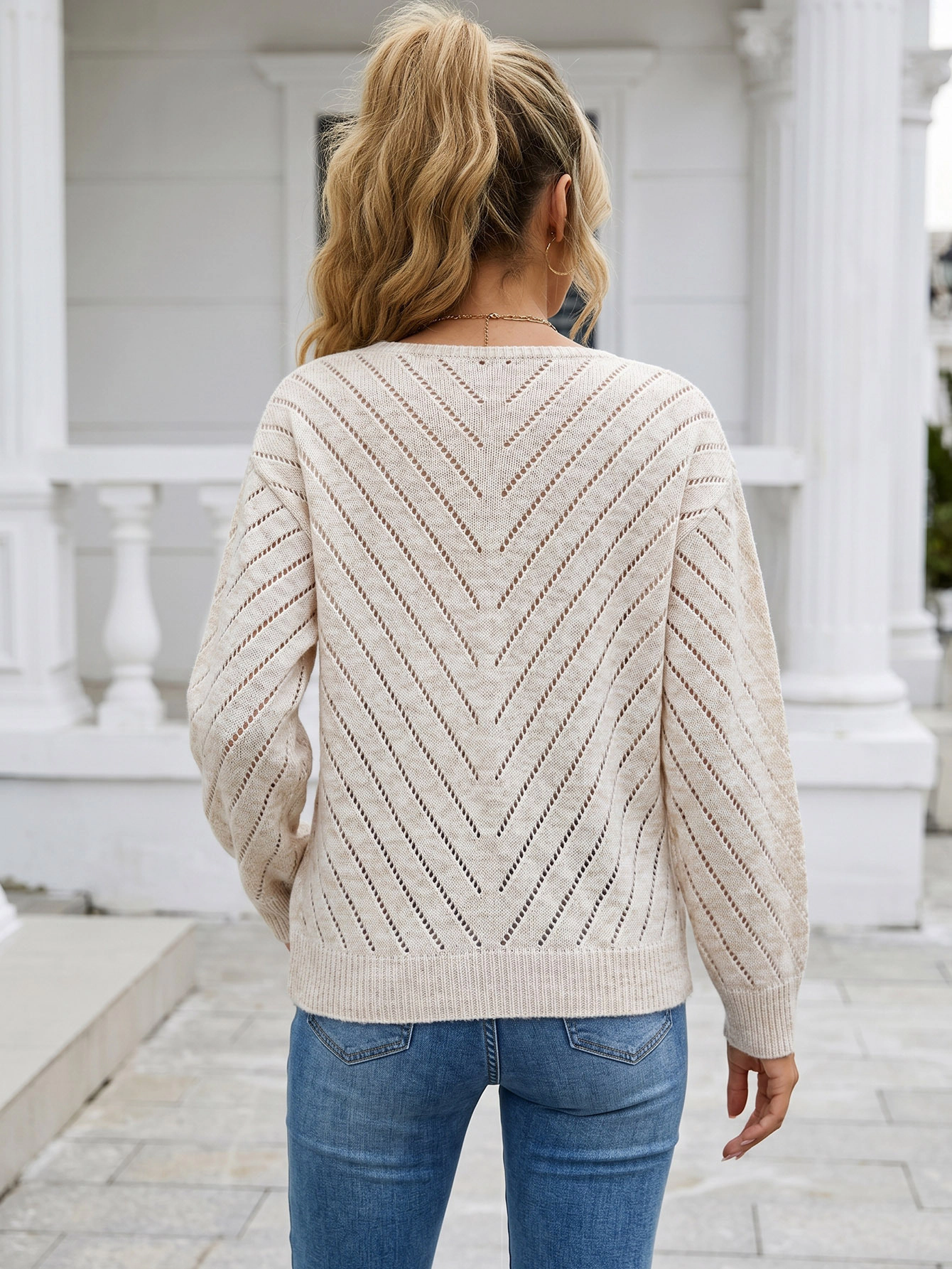 Premium Charms Womens V‑Neck Hollow‑Out Chevron Knit Pullover Sweater
