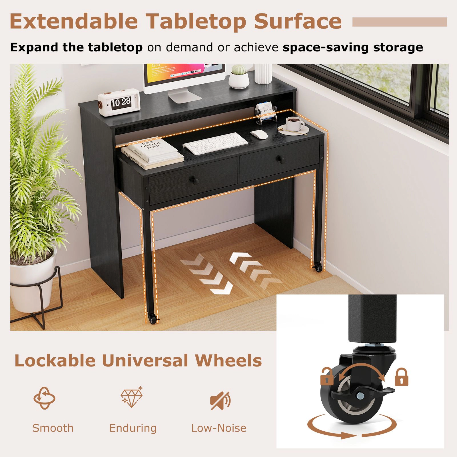 SlickBlue Extendable Computer Desk with 2 Drawers and Monitor Shelf