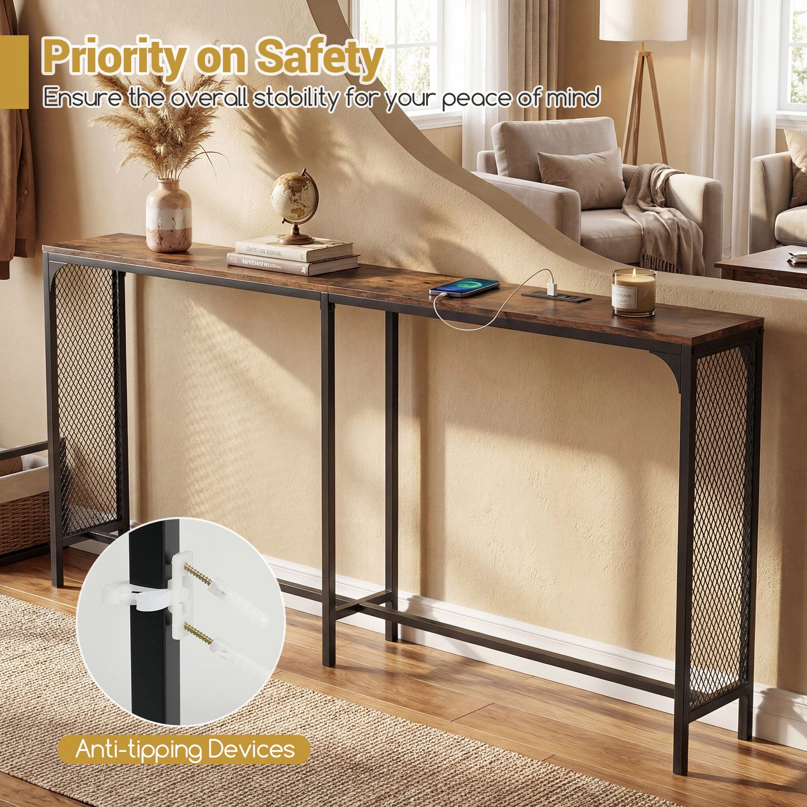 SlickBlue Long Narrow Console Table with Charging Station