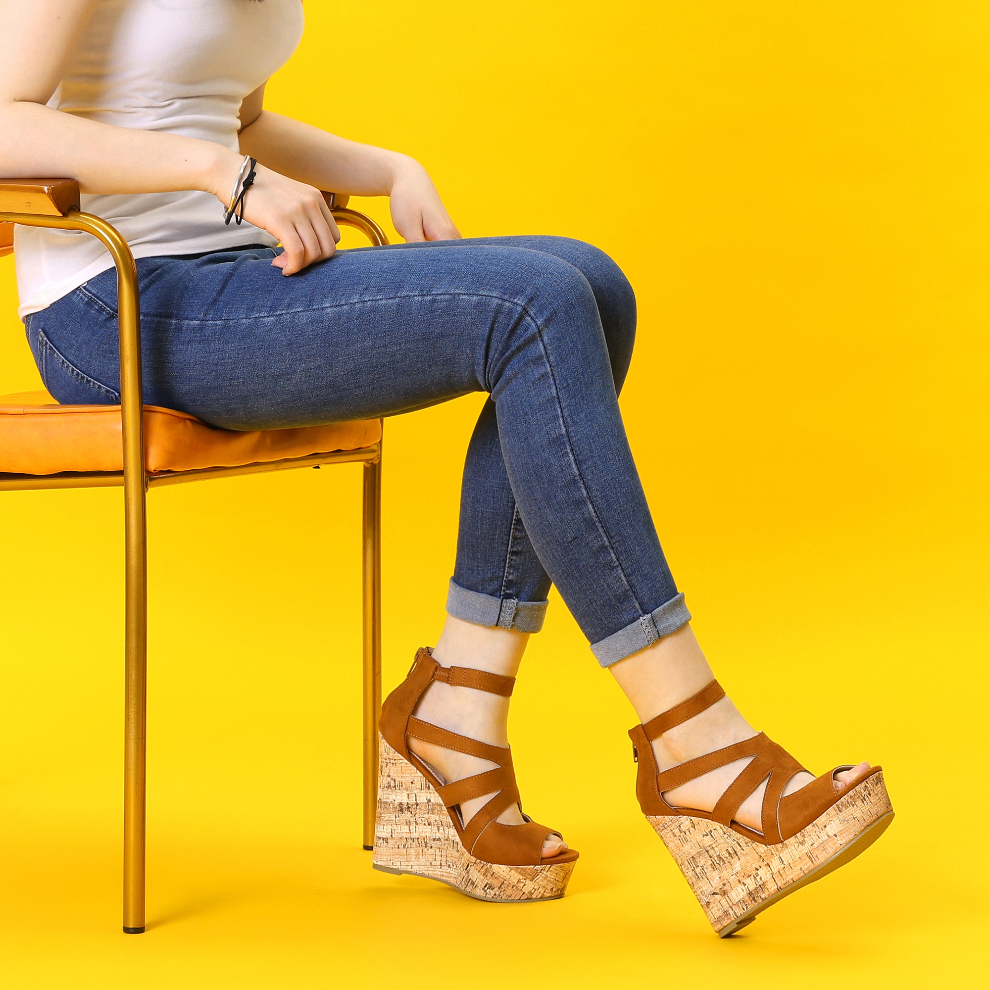 BLISSFUL STEP Women's Platform Peep Toe Cutout Caged Cork Wedge Heel Sandals