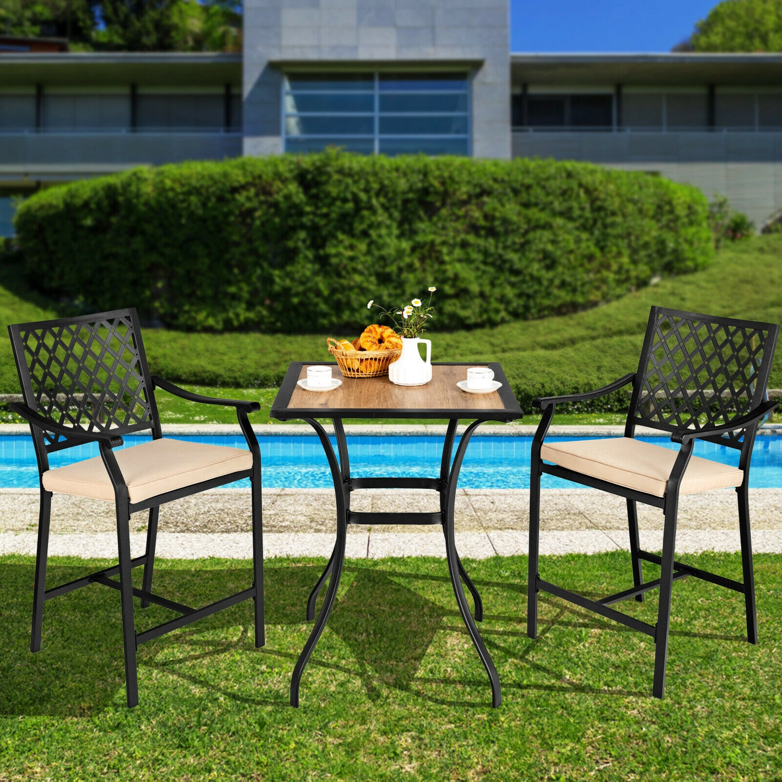 SUGIFT 2-Piece Outdoor Patio Bar Stool Set with Cushions and Armrests 330-lb Capacity 43-in Height Black Beige