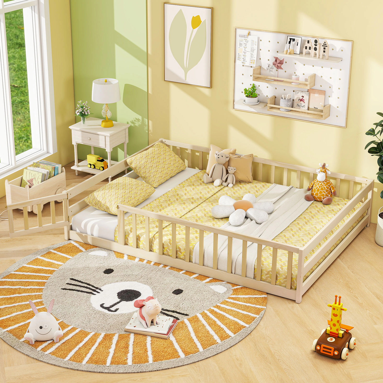 SUGIFT Full Size Floor Montessori Toddler Bed with Full Length Safety Guardrails and Lockable Door 77-in Frame Natural