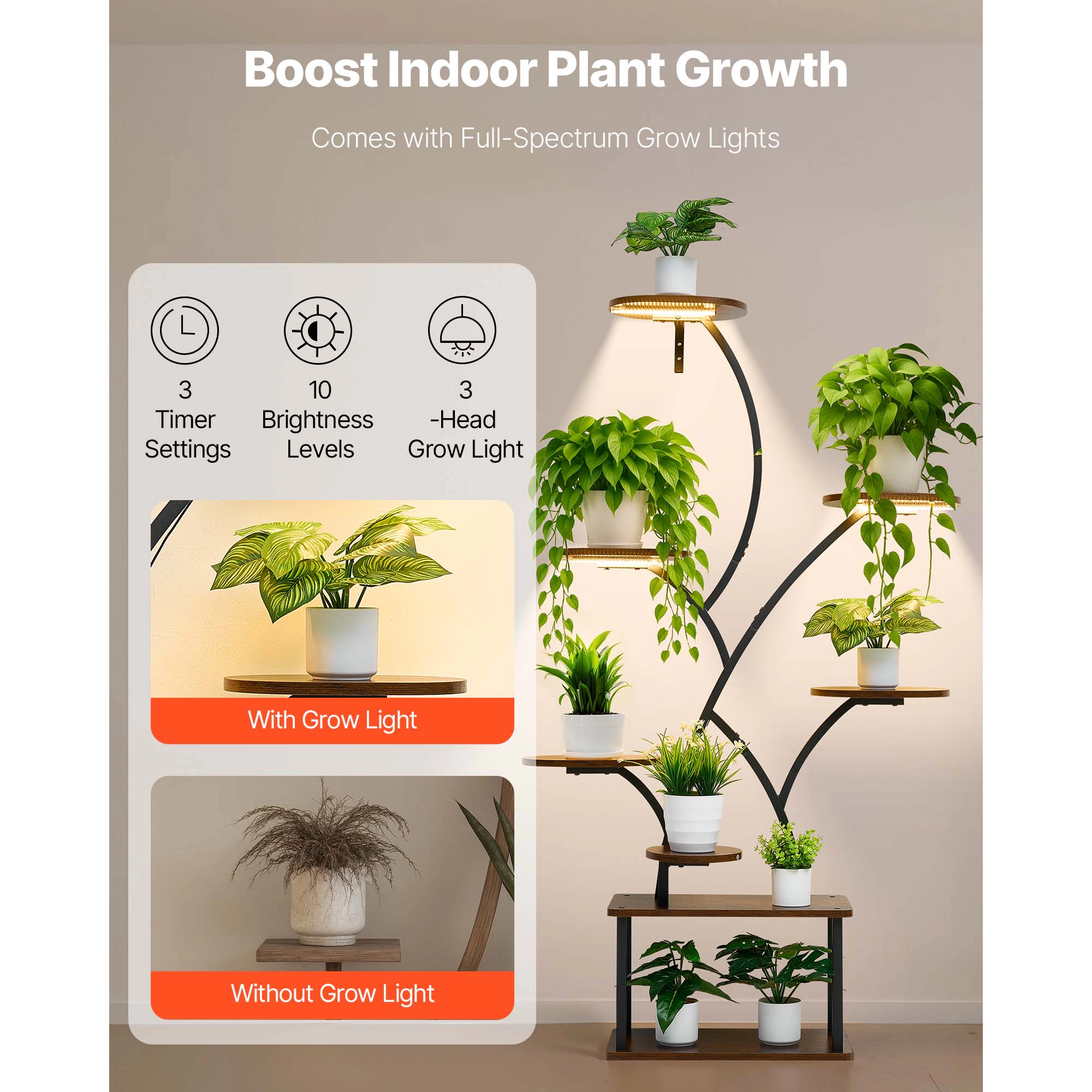 HONGGE Plant Stand Indoor with Grow Lights, Tall Lighted Plant Shelf, Metal Corner Plants Holder